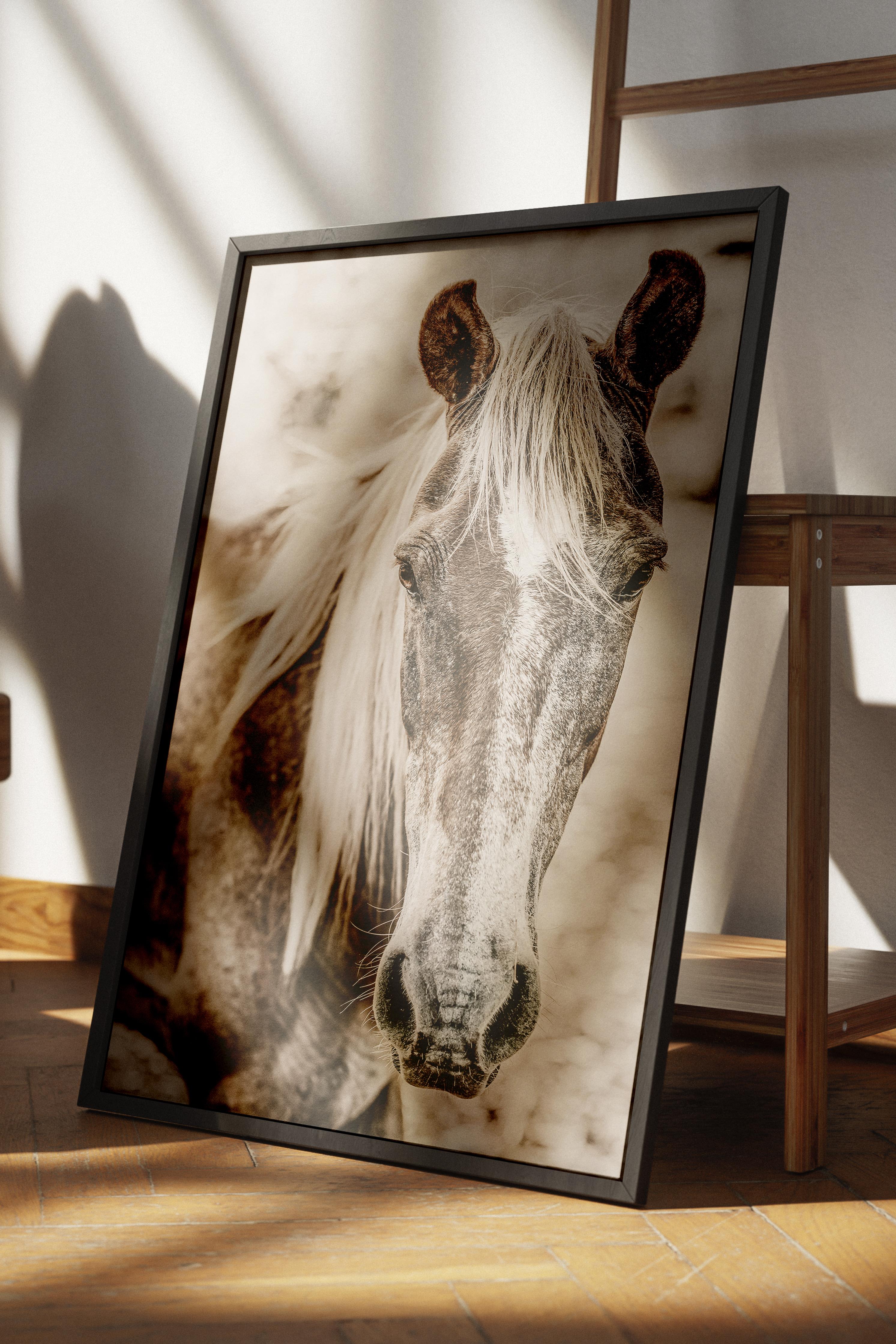 Rustic Çerçevesiz Poster, İskandinav Kahverengi Poster, NO:253 At ve Çit Fotoğraf, Dikey