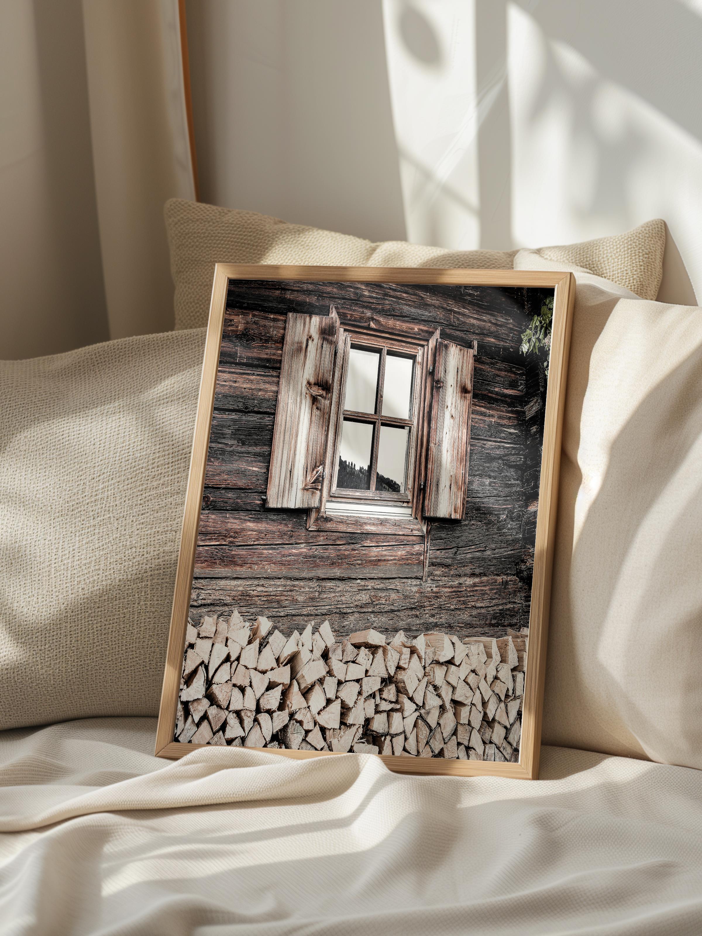 Rustic Çerçevesiz Poster, İskandinav Kahverengi Poster, NO:256 Ahşap Ev ve Odun Fotoğraf, Dikey