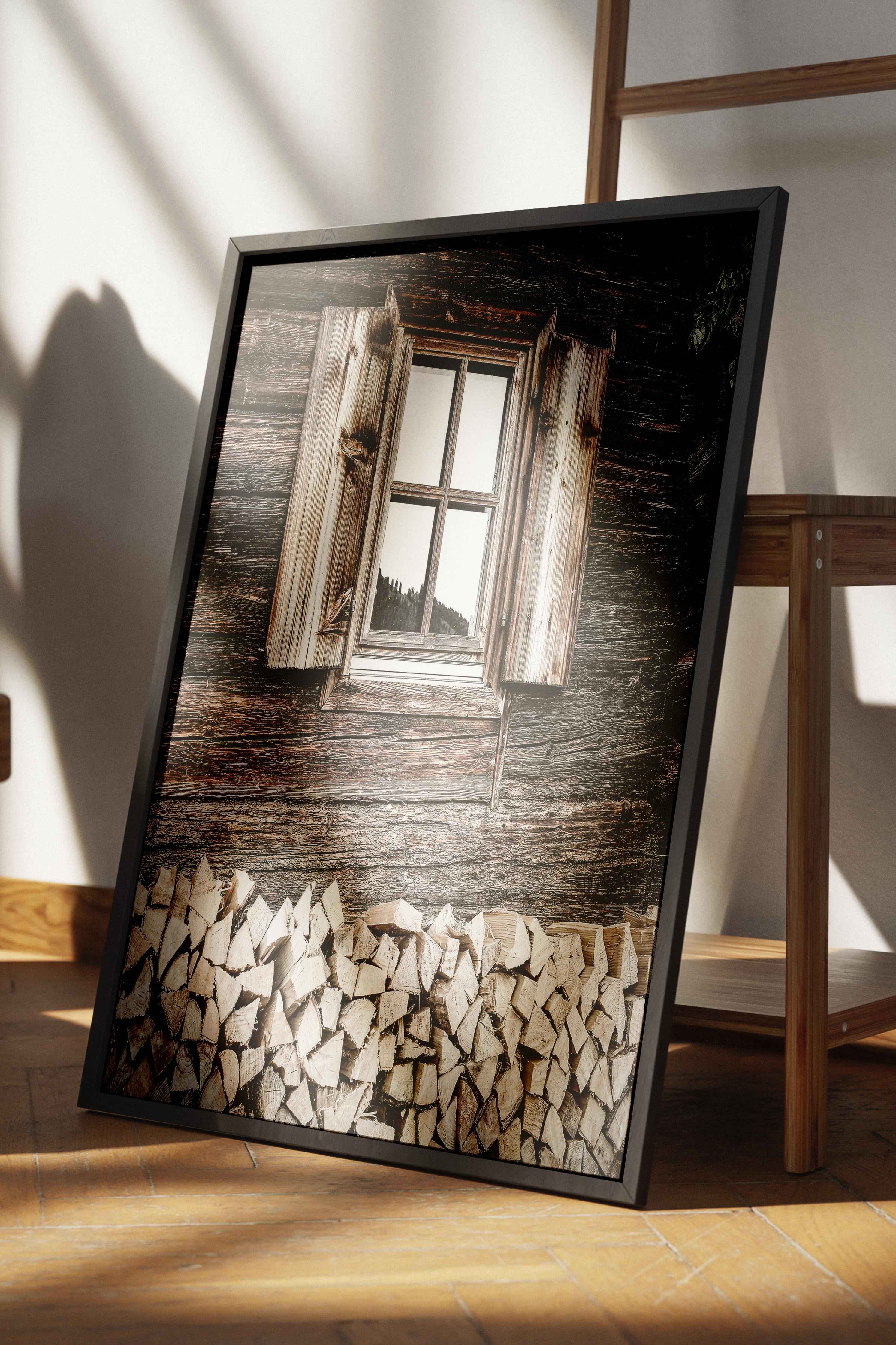 Rustic Çerçevesiz Poster, İskandinav Kahverengi Poster, NO:256 Ahşap Ev ve Odun Fotoğraf, Dikey