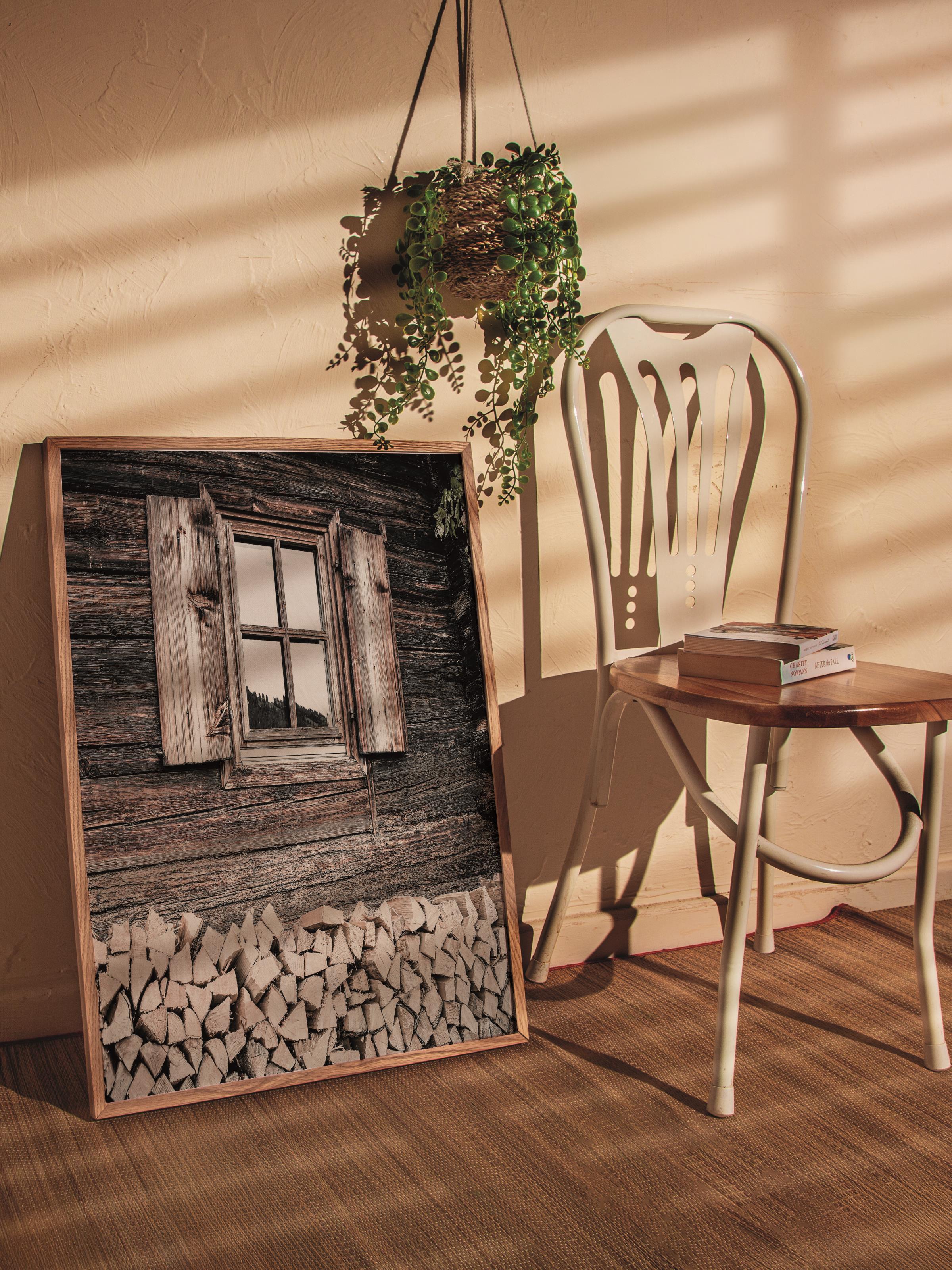 Rustic Çerçevesiz Poster, İskandinav Kahverengi Poster, NO:256 Ahşap Ev ve Odun Fotoğraf, Dikey