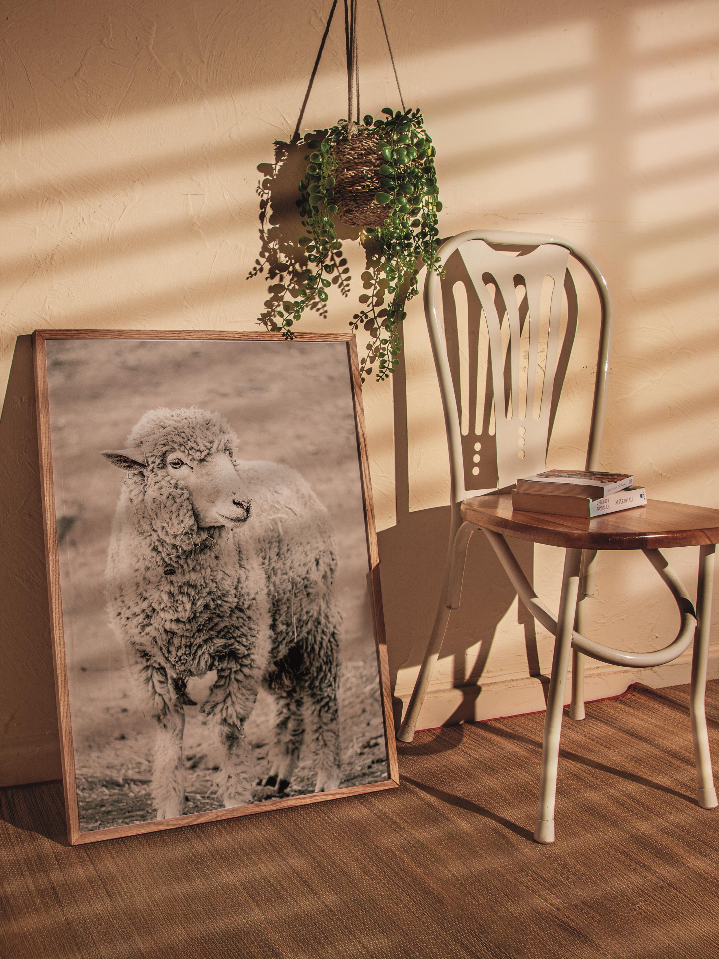 Rustic Çerçevesiz Poster, İskandinav Kahverengi Poster, NO:258 Koyun Yakın Plan Fotoğraf, Dikey