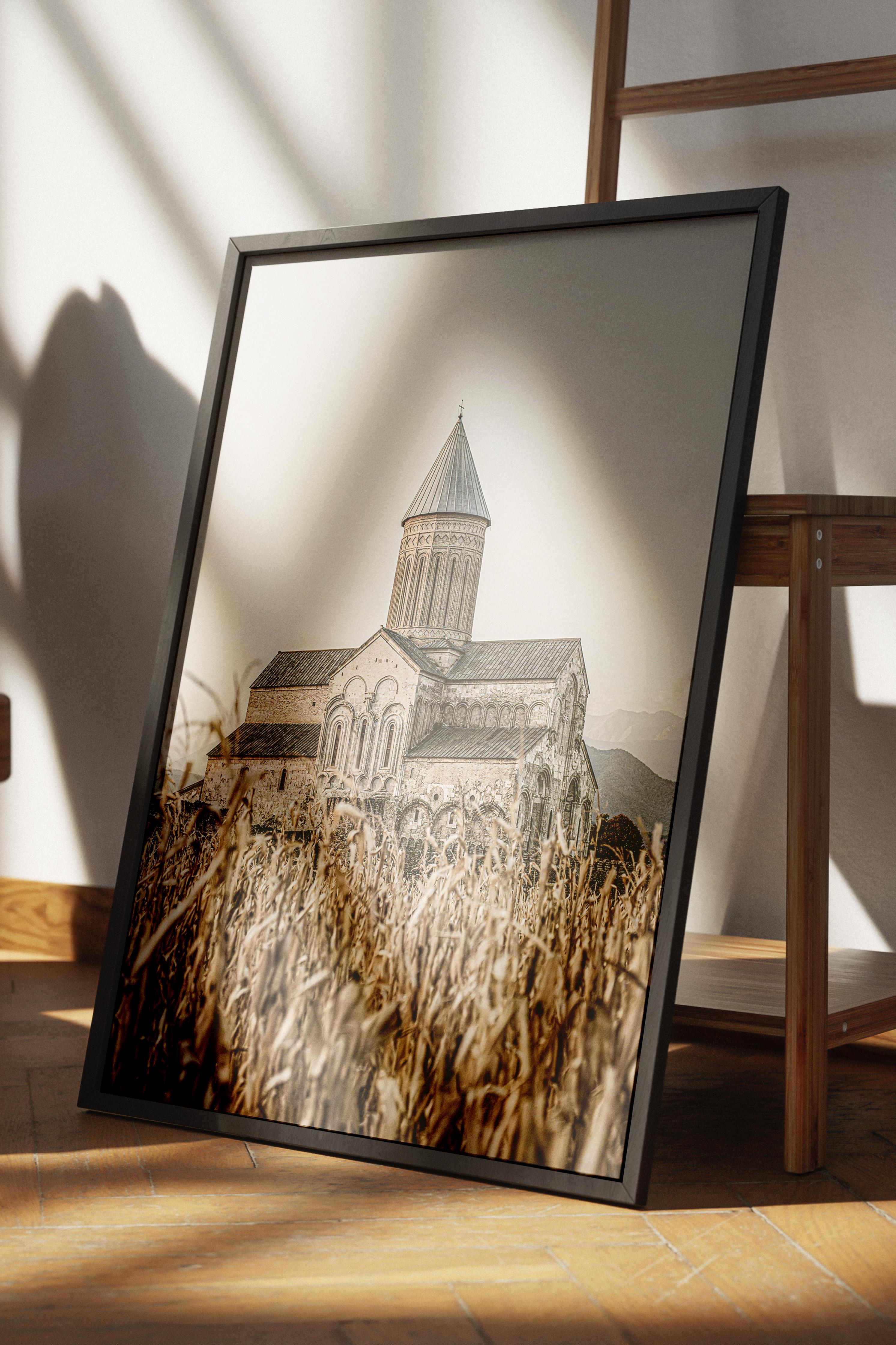 Rustic Çerçevesiz Poster, İskandinav Kahverengi Poster, NO:261 Kilise ve Tarlalar Fotoğraf, Dikey