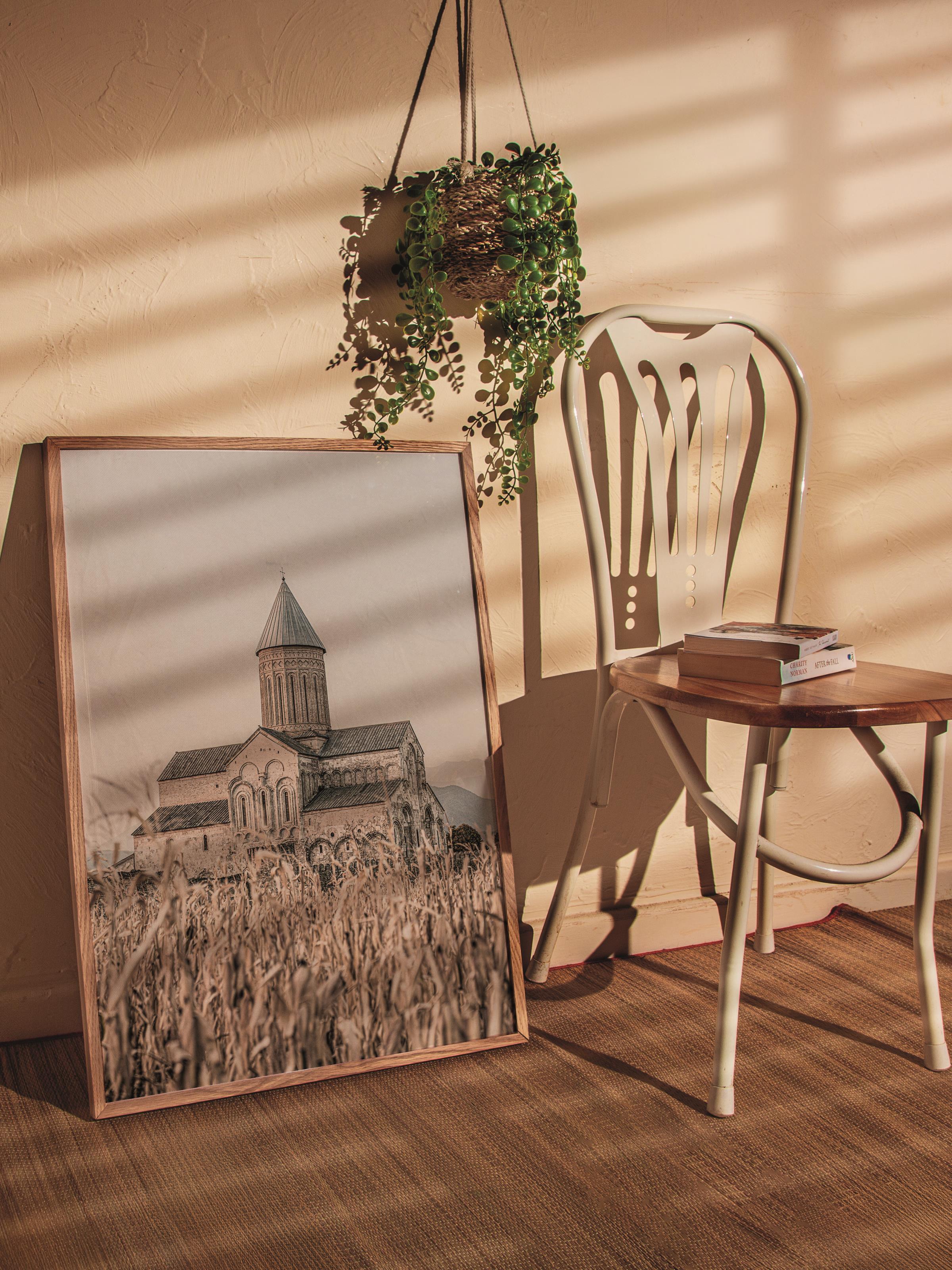 Rustic Çerçevesiz Poster, İskandinav Kahverengi Poster, NO:261 Kilise ve Tarlalar Fotoğraf, Dikey