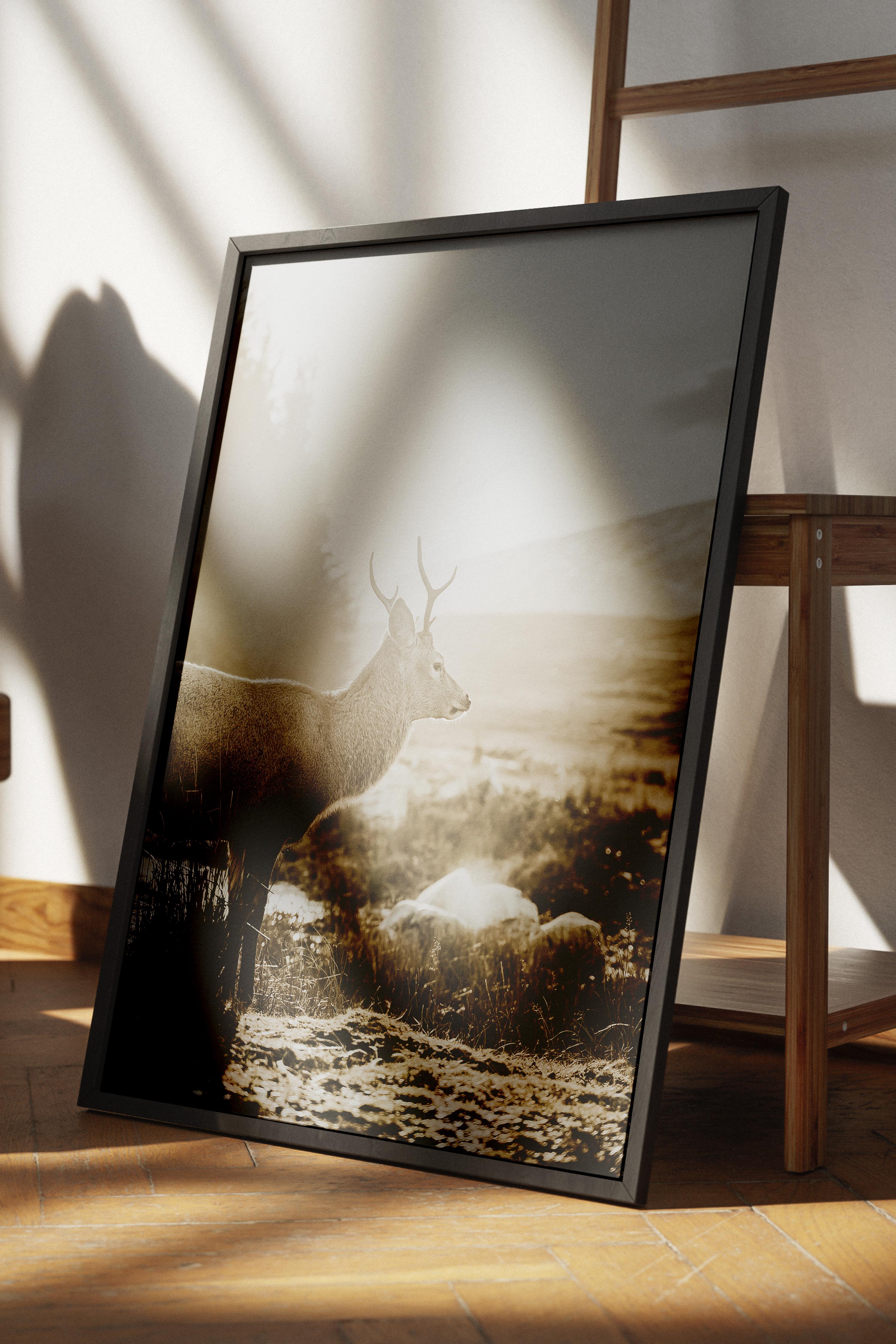 Rustic Çerçevesiz Poster, İskandinav Kahverengi Poster, NO:27 Geyik ve Dağ Manzarası Fotoğraf, Dikey