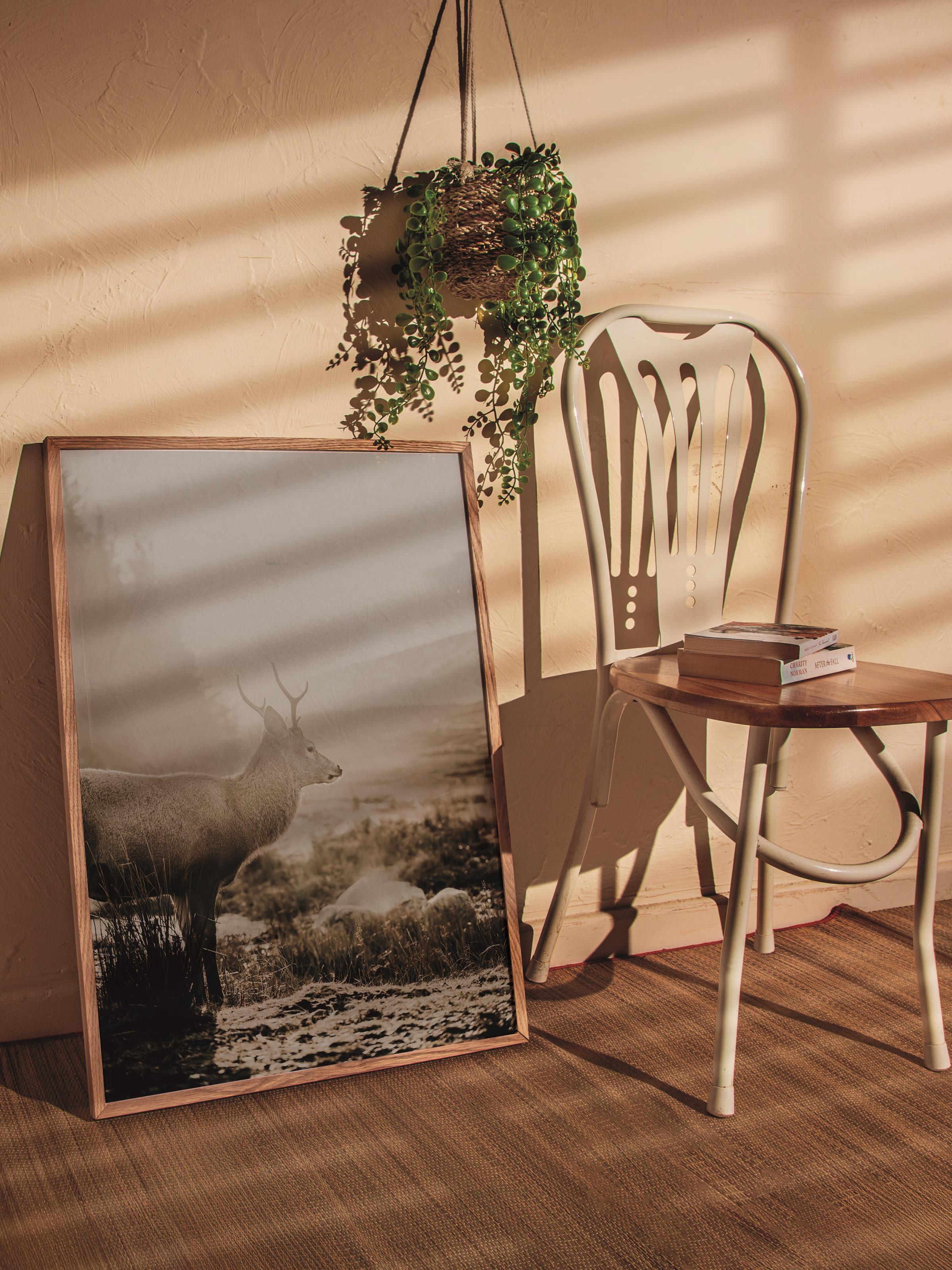 Rustic Çerçevesiz Poster, İskandinav Kahverengi Poster, NO:27 Geyik ve Dağ Manzarası Fotoğraf, Dikey
