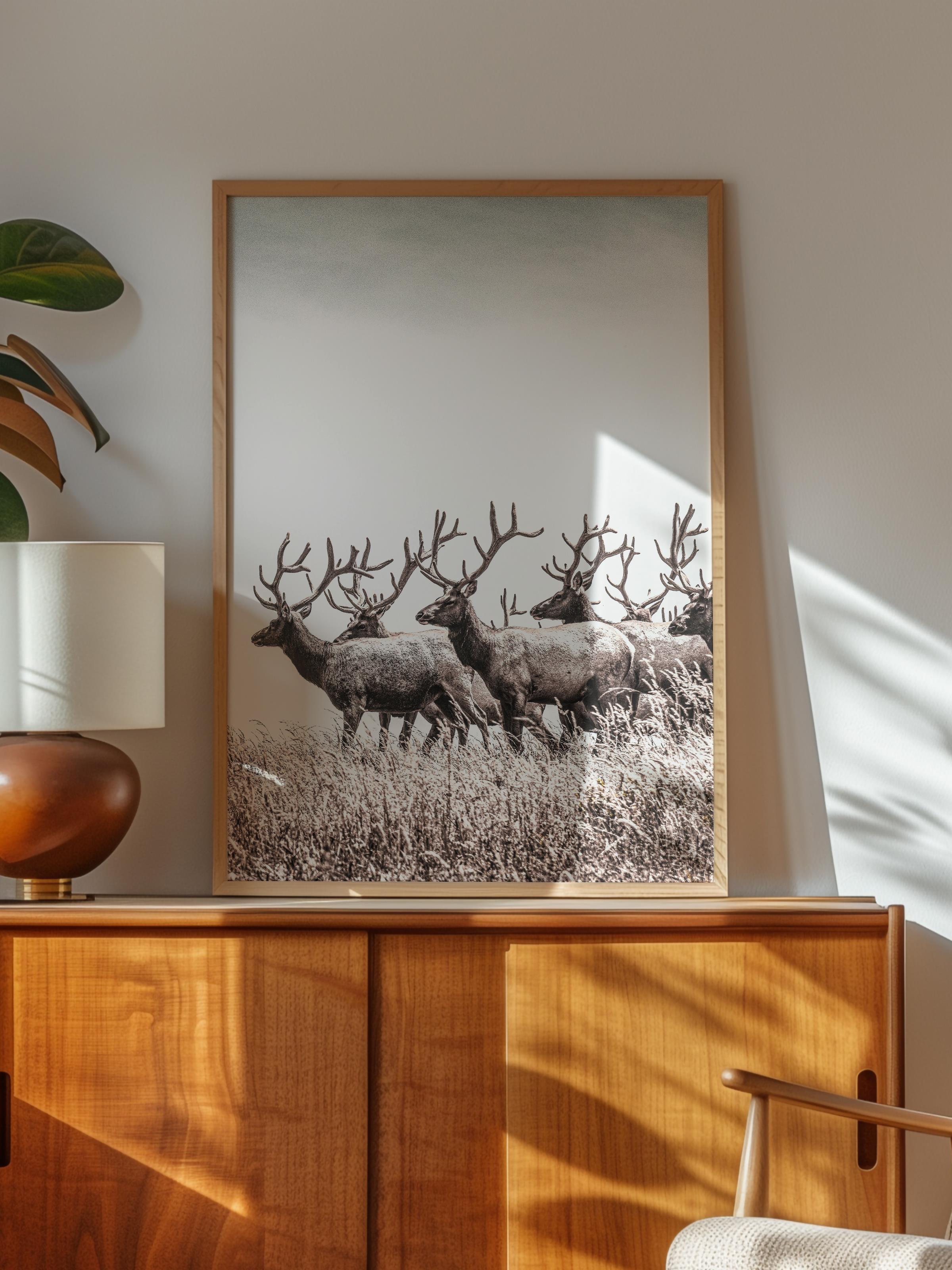 Rustic Çerçevesiz Poster, İskandinav Kahverengi Poster, NO:271 Geyikler Fotoğraf, Dikey