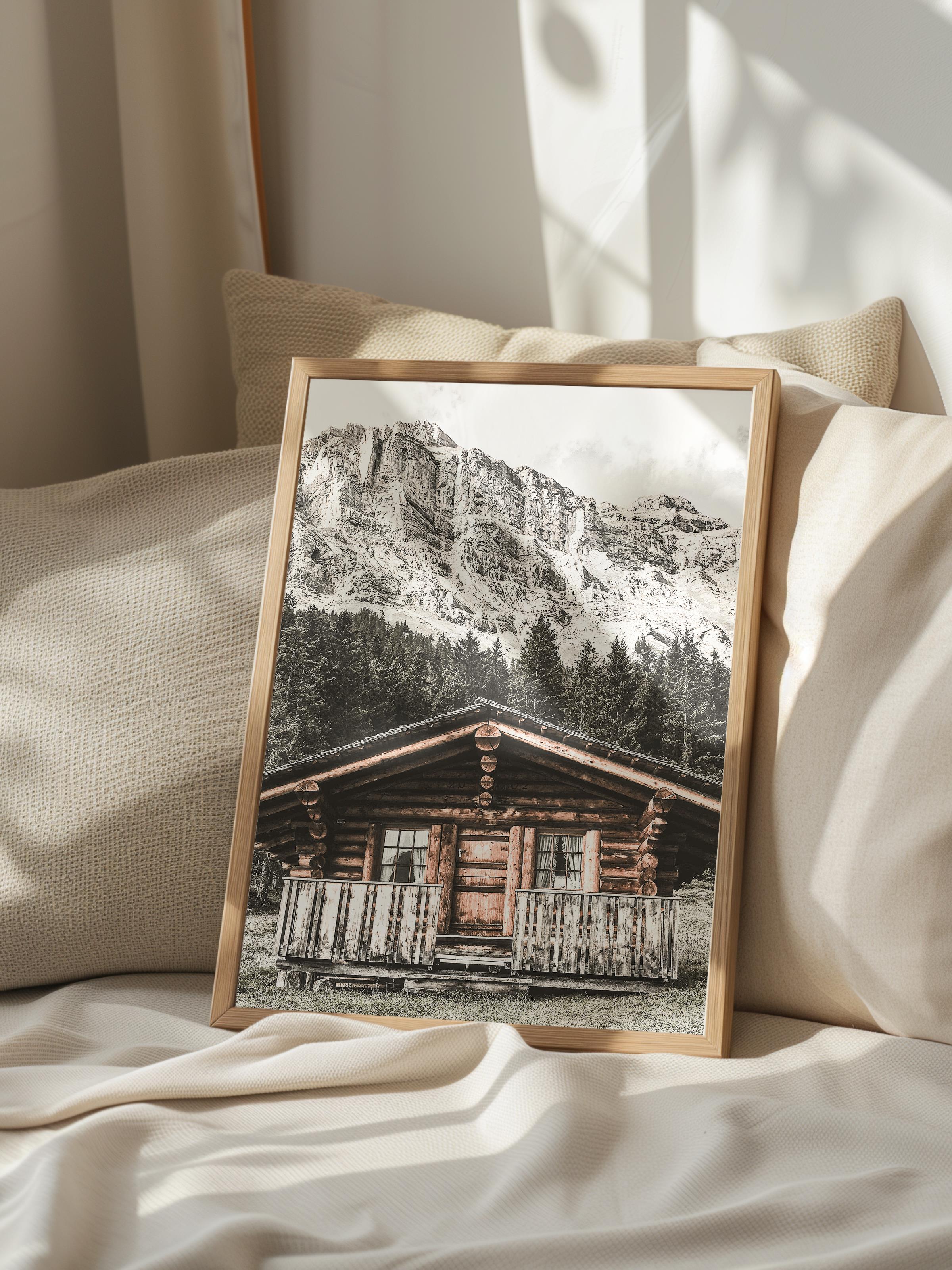 Rustic Çerçevesiz Poster, İskandinav Kahverengi Poster, NO:279 Ahşap Ev ve Dağlar Fotoğraf, Dikey