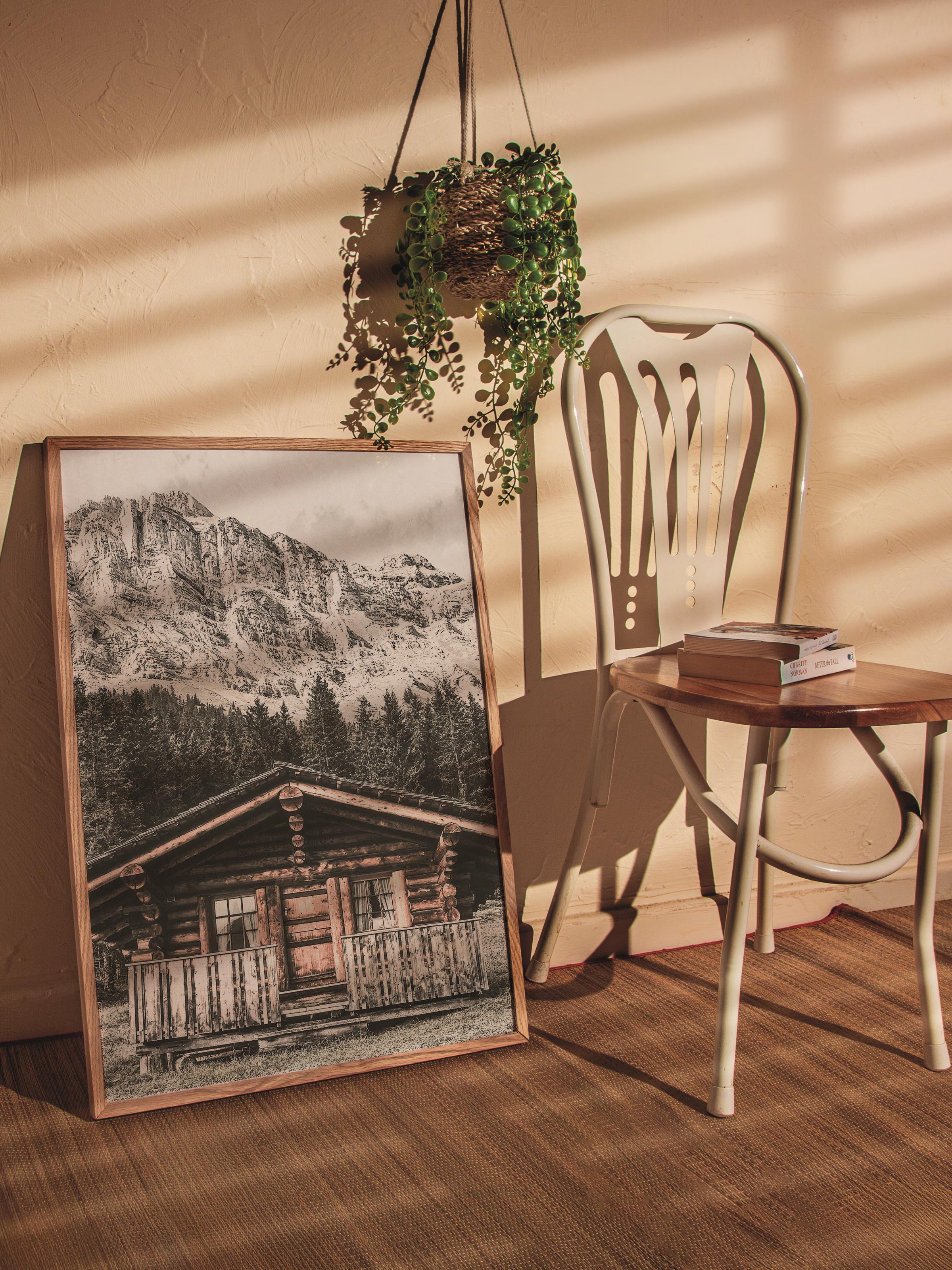 Rustic Çerçevesiz Poster, İskandinav Kahverengi Poster, NO:279 Ahşap Ev ve Dağlar Fotoğraf, Dikey