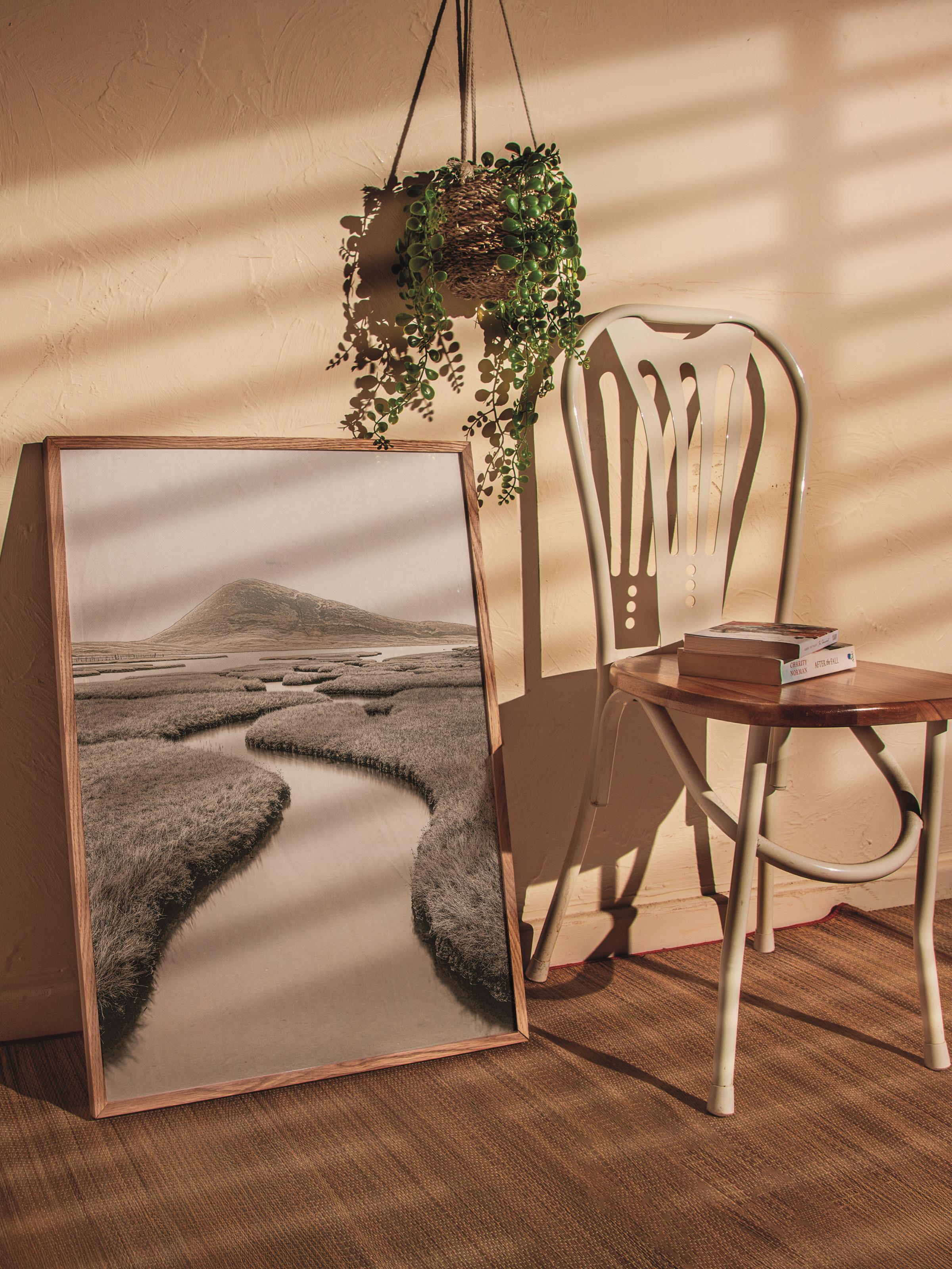 Rustic Çerçevesiz Poster, İskandinav Kahverengi Poster, NO:291 Nehir ve Tarlalar Fotoğraf, Dikey