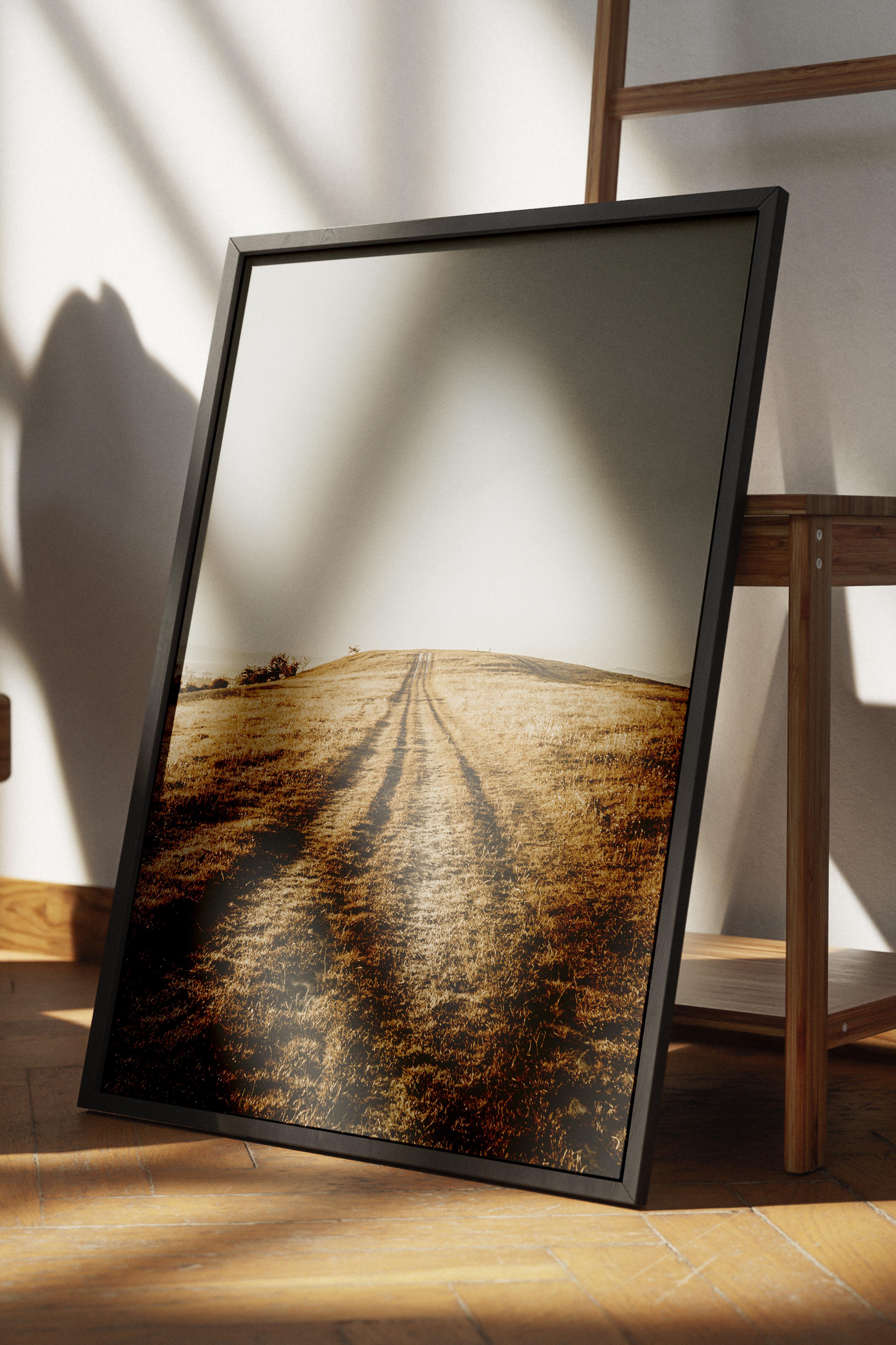 Rustic Çerçevesiz Poster, İskandinav Kahverengi Poster, NO:31 Tarlada Yol Fotoğraf, Dikey