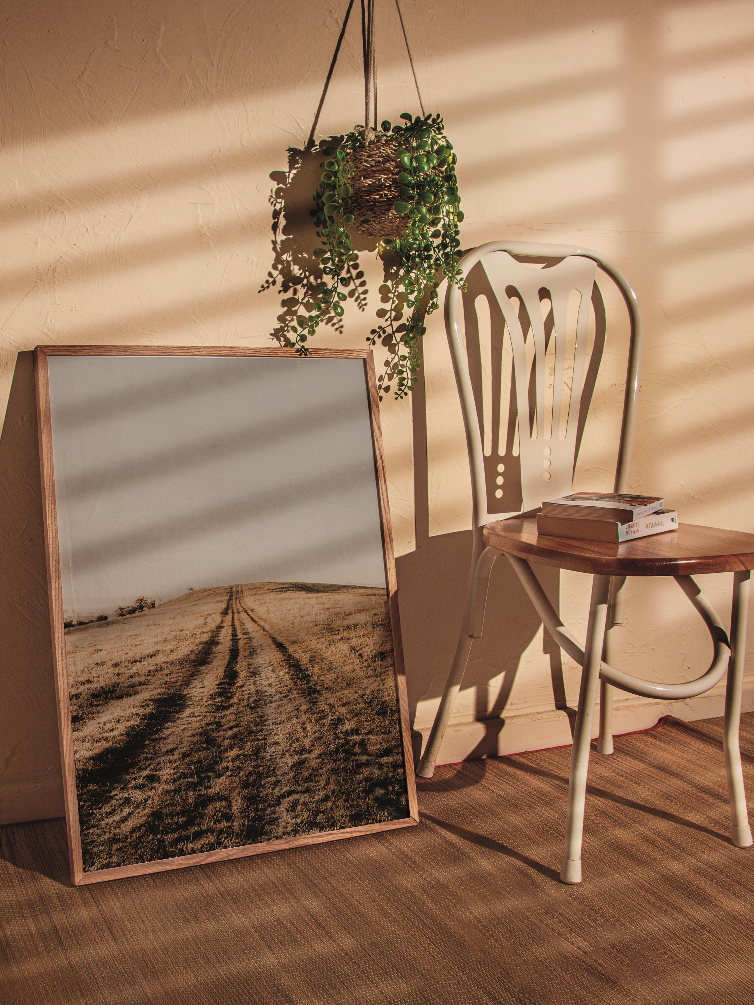 Rustic Çerçevesiz Poster, İskandinav Kahverengi Poster, NO:31 Tarlada Yol Fotoğraf, Dikey