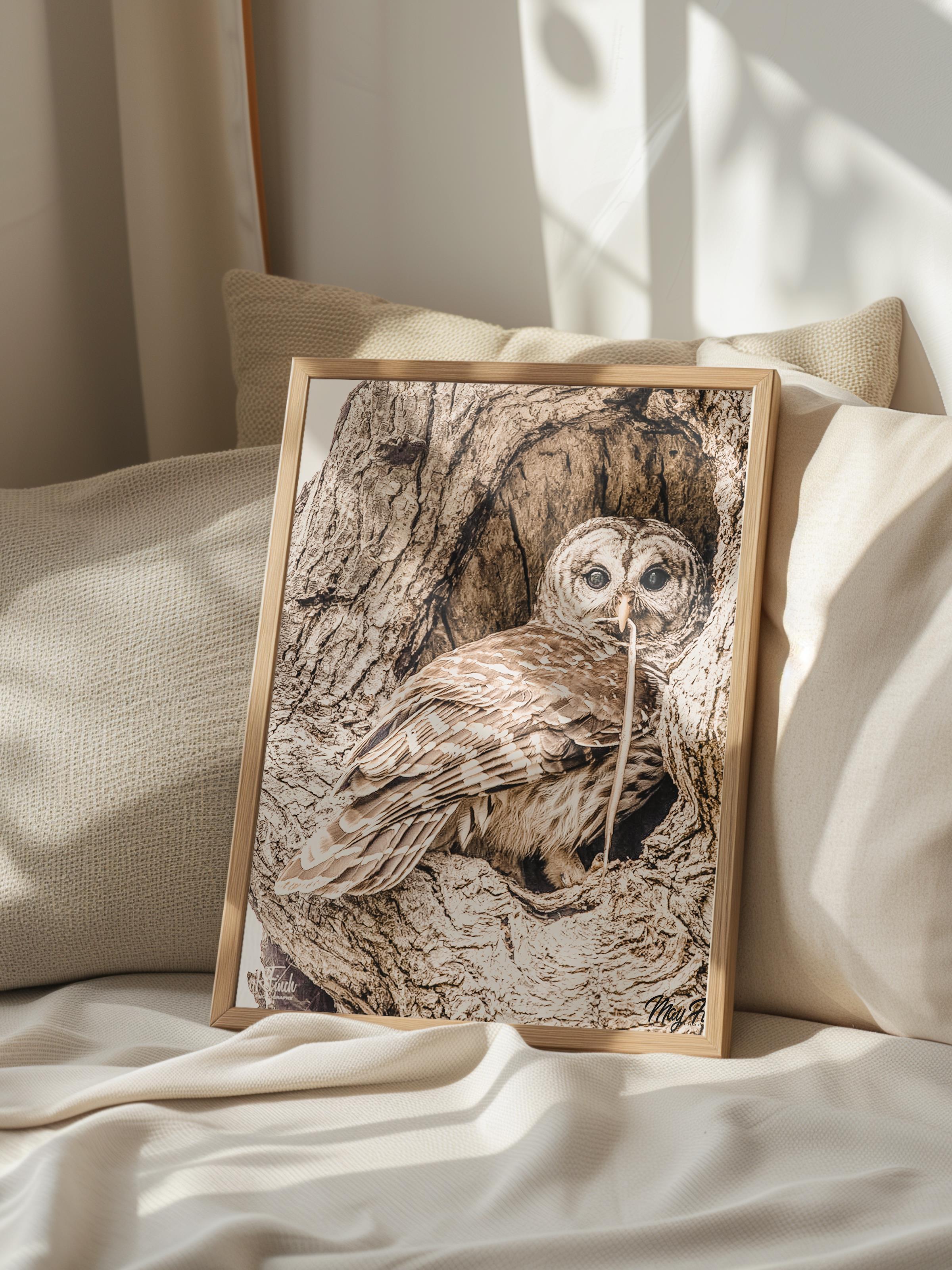 Rustic Çerçevesiz Poster, İskandinav Kahverengi Poster, NO:319 Baykuş Fotoğraf, Dikey