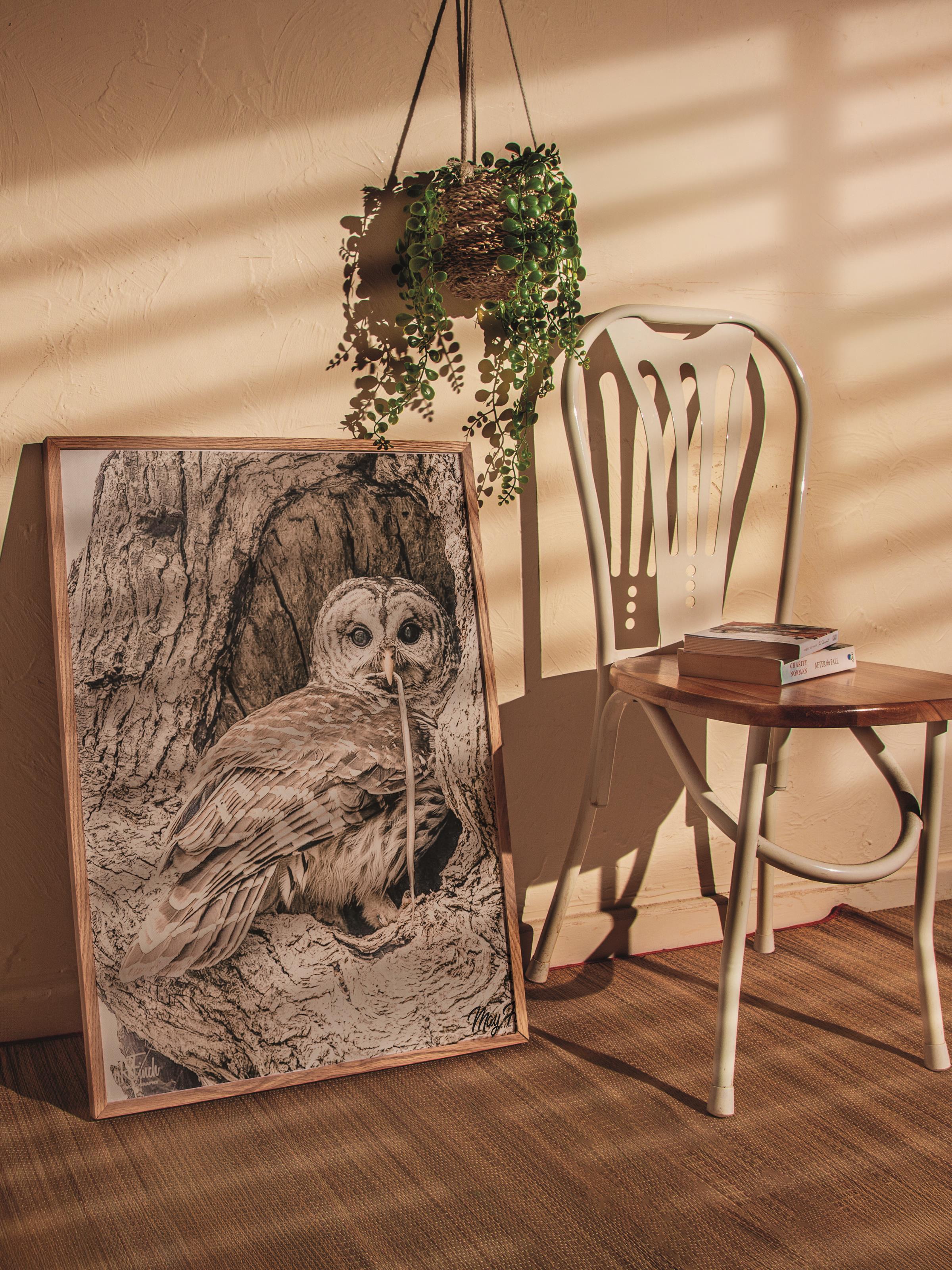 Rustic Çerçevesiz Poster, İskandinav Kahverengi Poster, NO:319 Baykuş Fotoğraf, Dikey