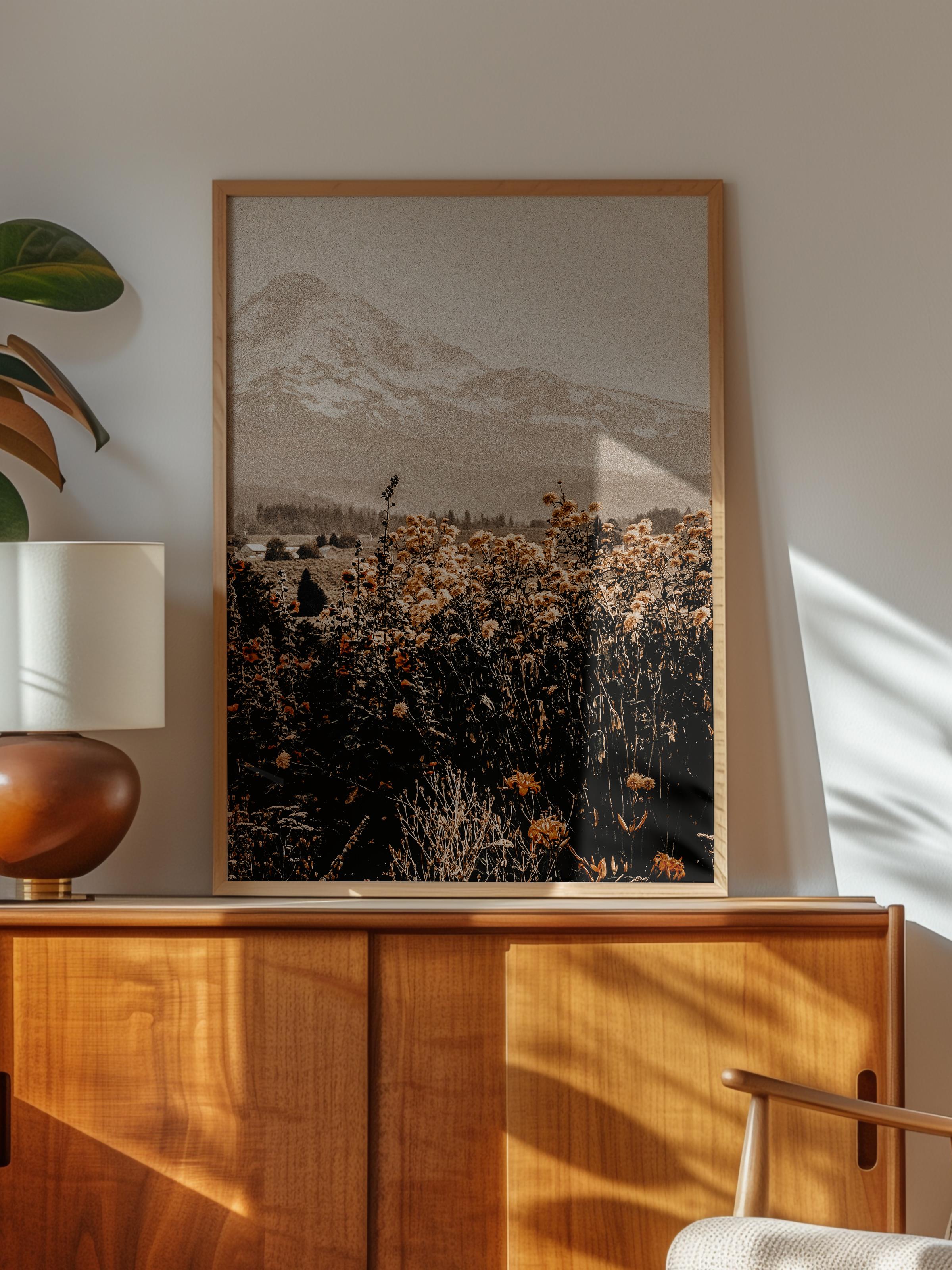 Rustic Çerçevesiz Poster, İskandinav Kahverengi Poster, NO:32 Dağ ve Çiçekler Fotoğraf, Dikey