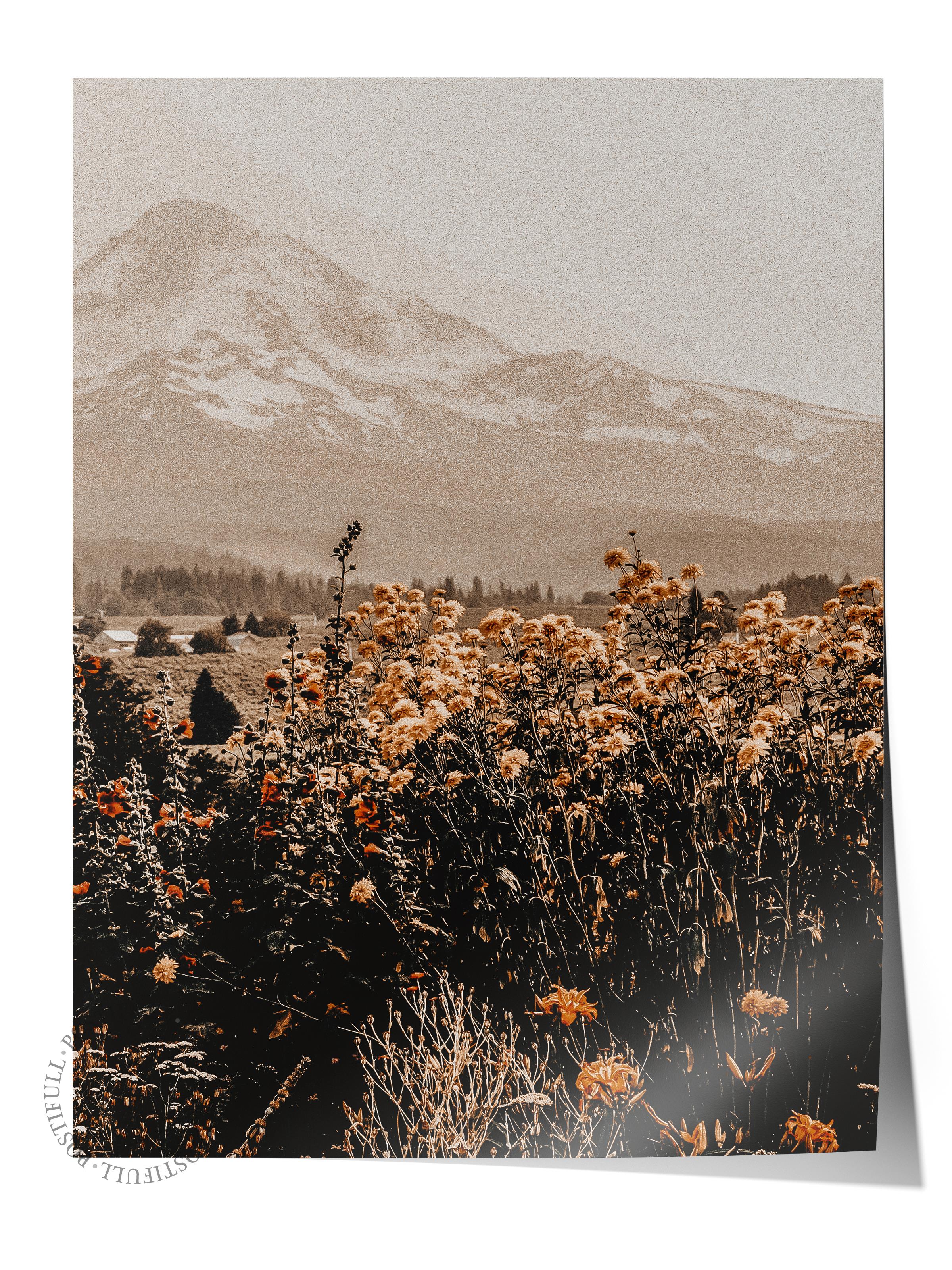 Rustic Çerçevesiz Poster, İskandinav Kahverengi Poster, NO:32 Dağ ve Çiçekler Fotoğraf, Dikey
