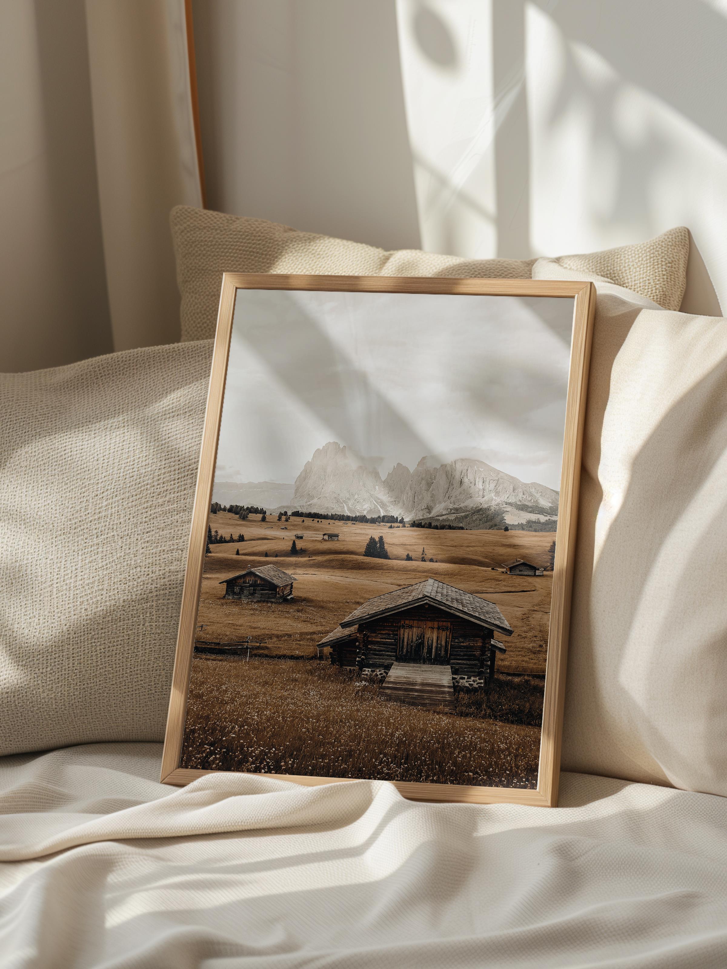 Rustic Çerçevesiz Poster, İskandinav Kahverengi Poster, NO:33 Ahşap Evler ve Dağlar Fotoğraf, Dikey