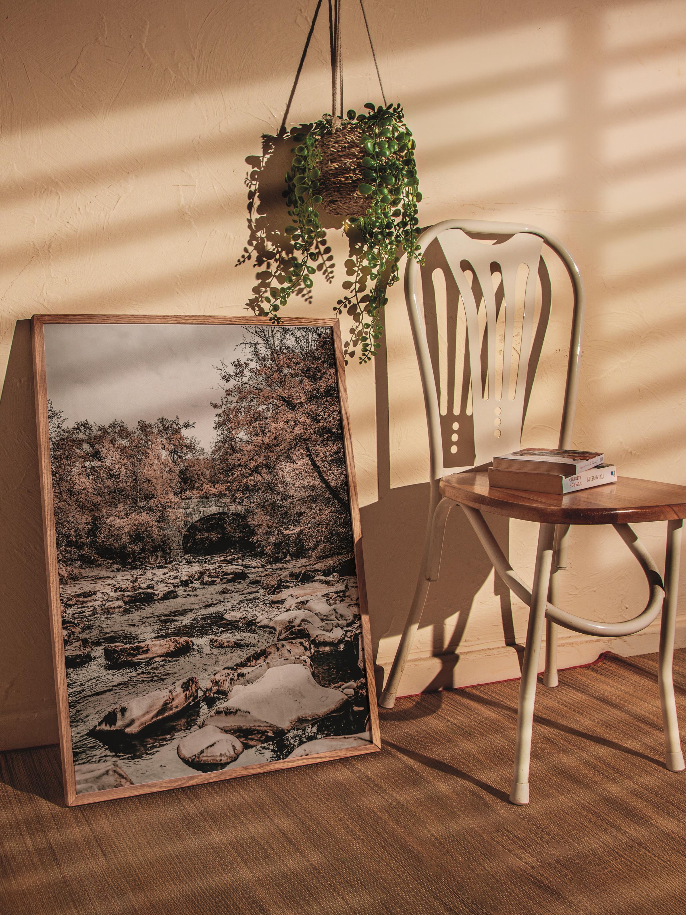 Rustic Çerçevesiz Poster, İskandinav Kahverengi Poster, NO:411 Nehir ve Ağaçlar Fotoğraf