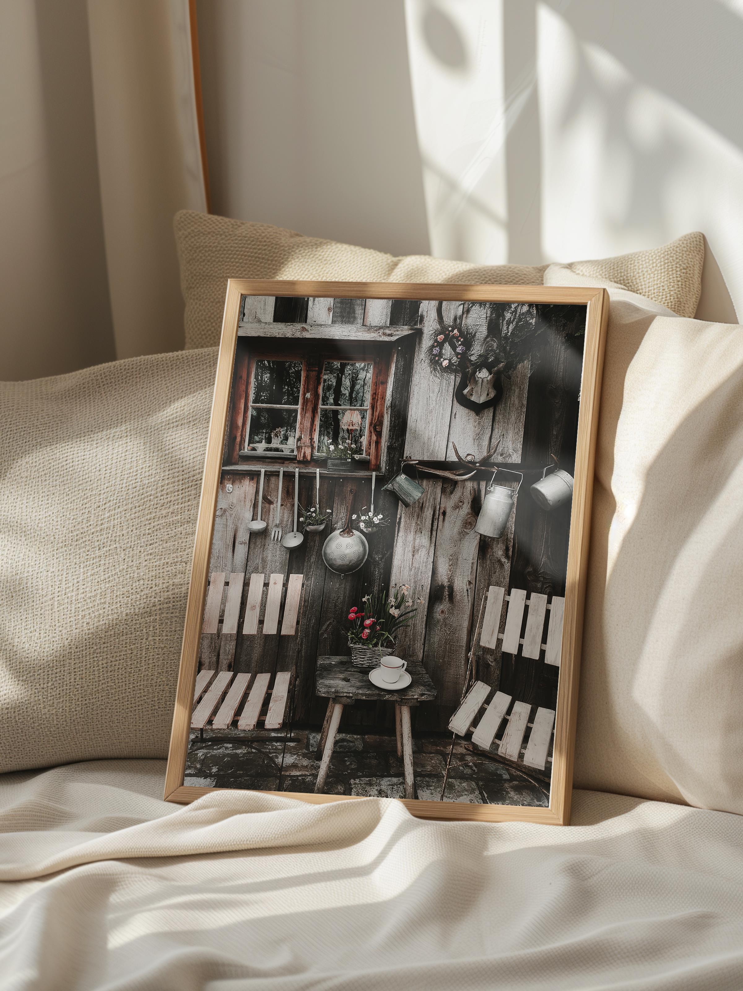 Rustic Çerçevesiz Poster, İskandinav Kahverengi Poster, NO:46 Ahşap Sandalye ve Masa Fotoğraf, Dikey