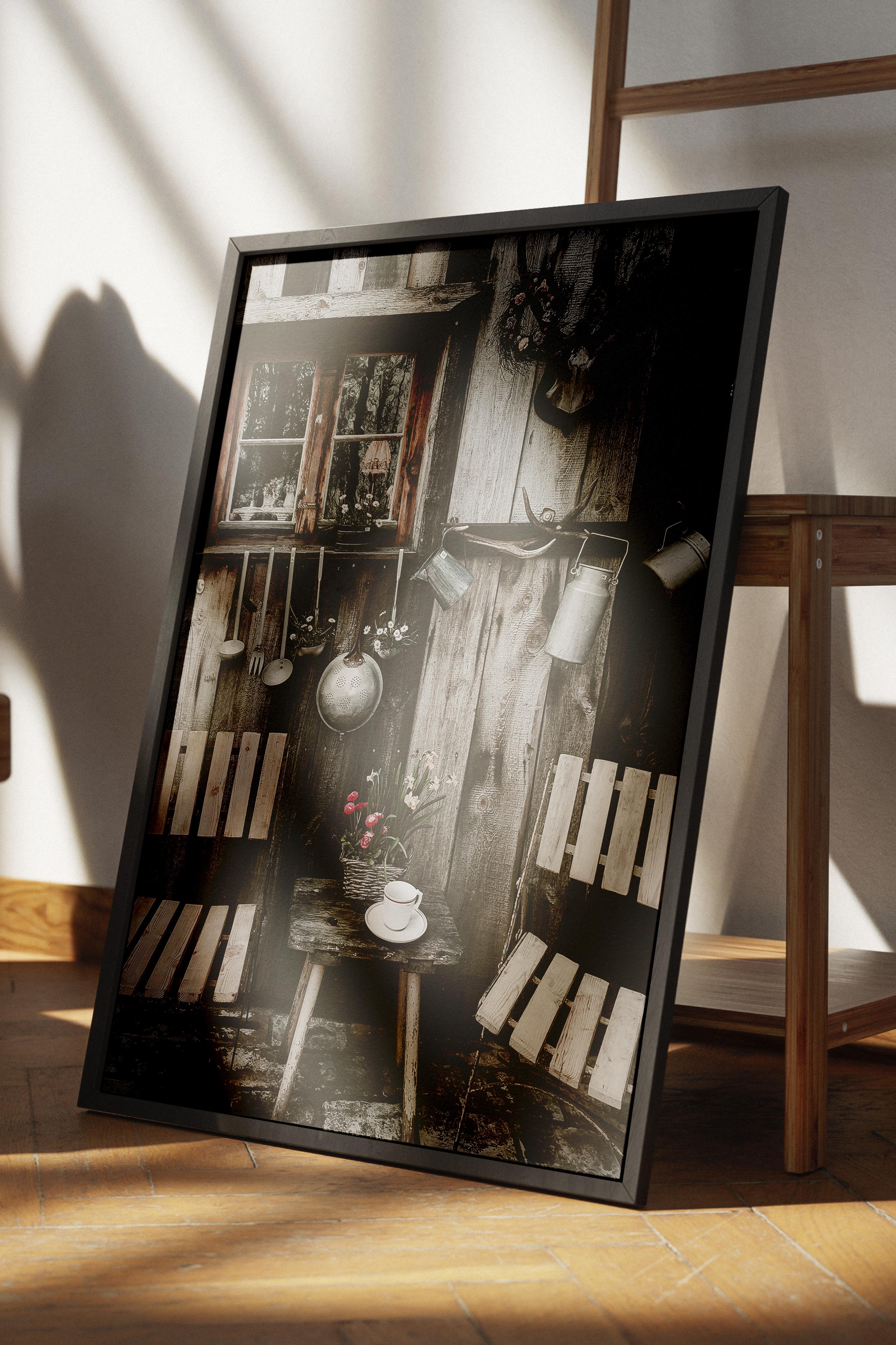 Rustic Çerçevesiz Poster, İskandinav Kahverengi Poster, NO:46 Ahşap Sandalye ve Masa Fotoğraf, Dikey