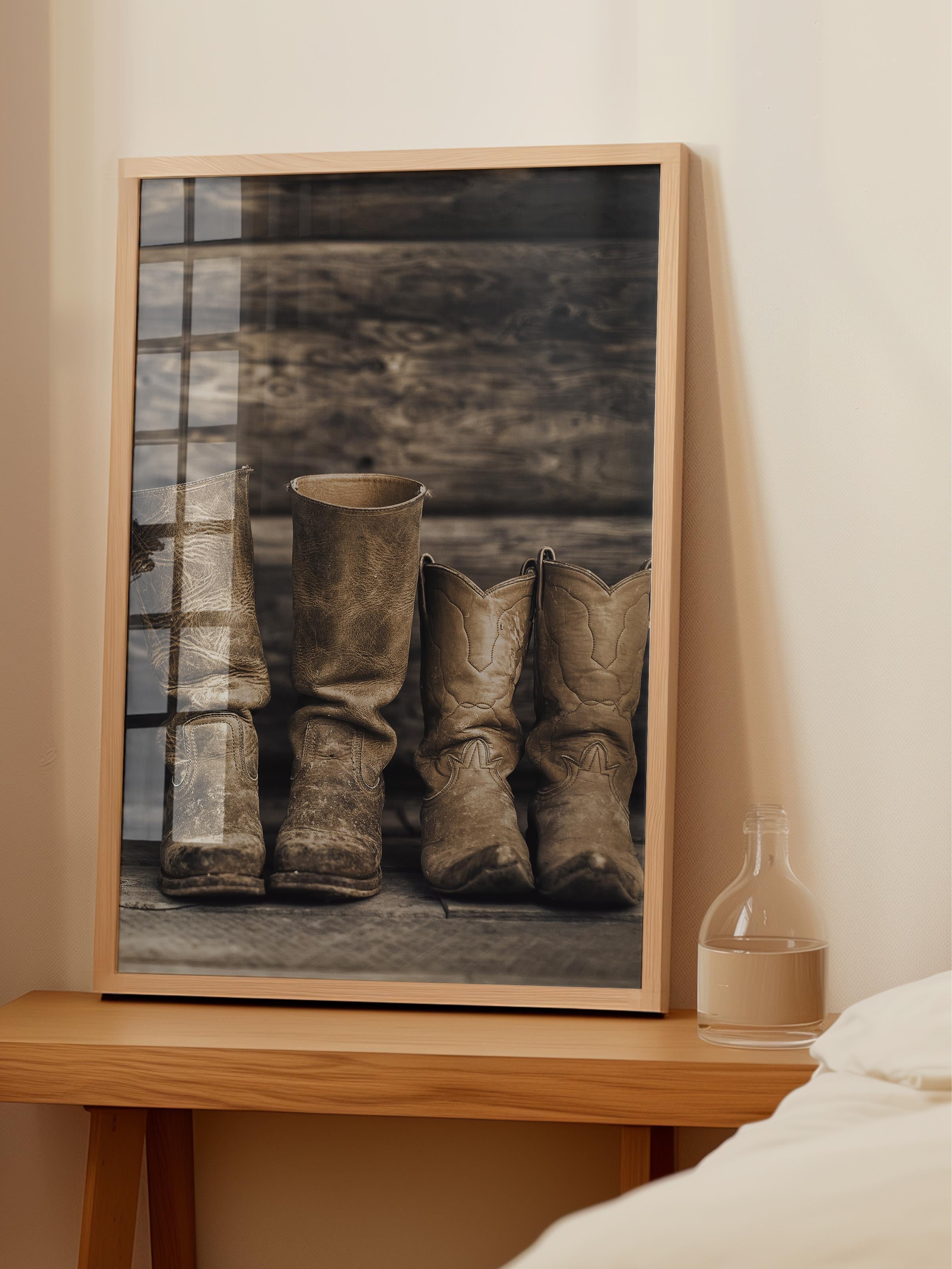 Rustic Çerçevesiz Poster, İskandinav Kahverengi Poster, NO:5 Eski Çizme ve Tahta Fotoğraf, Dikey