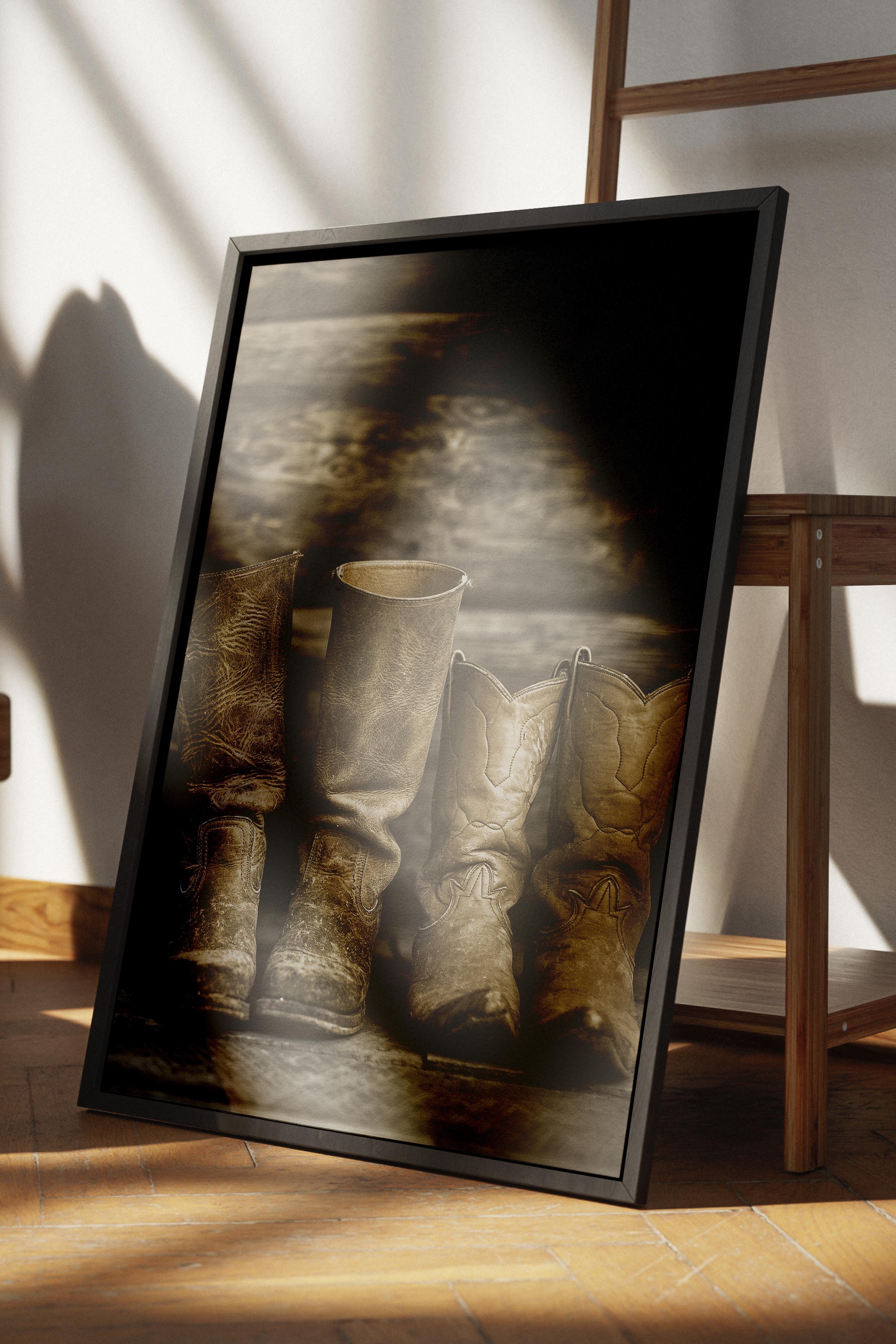 Rustic Çerçevesiz Poster, İskandinav Kahverengi Poster, NO:5 Eski Çizme ve Tahta Fotoğraf, Dikey