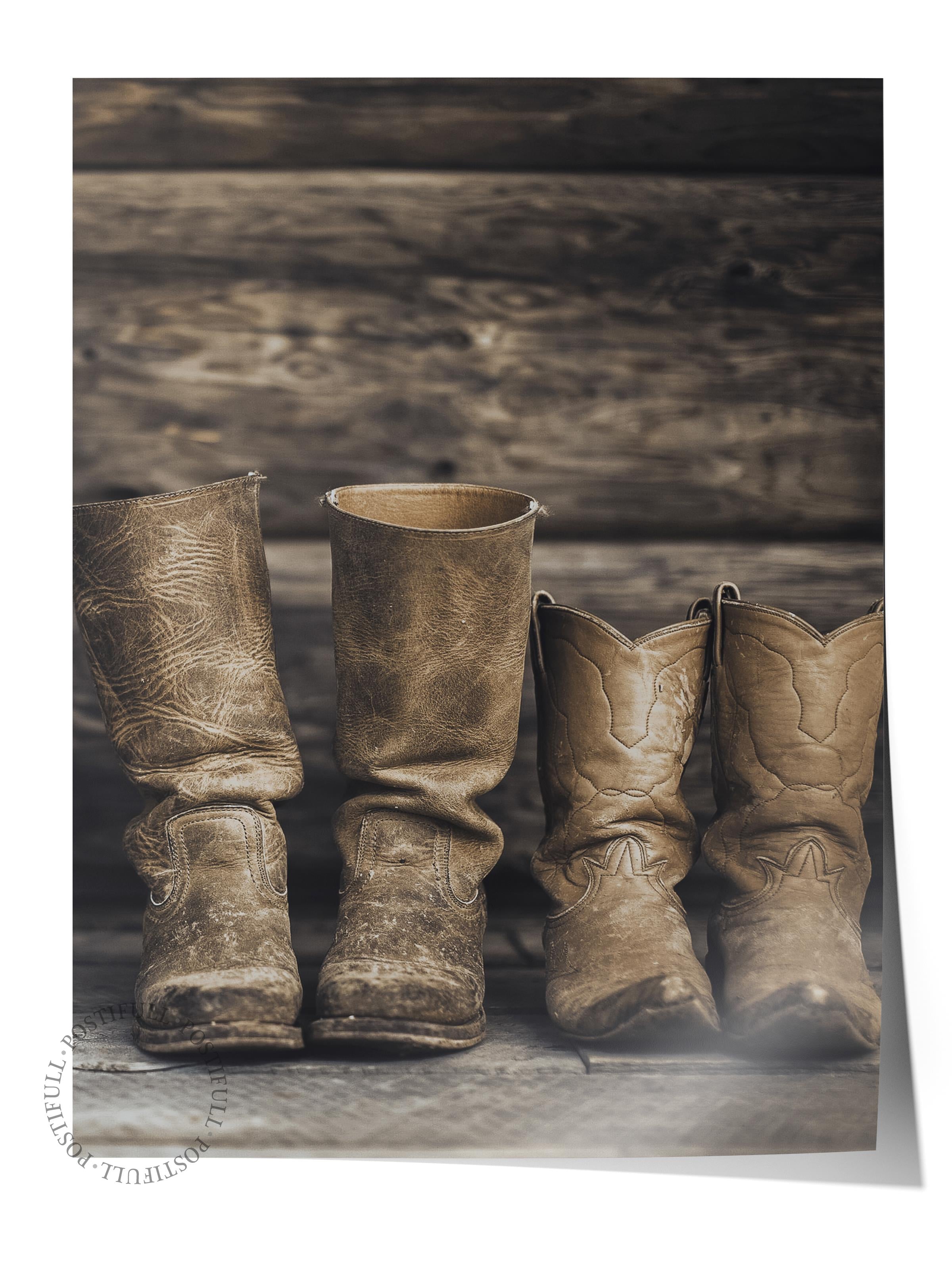Rustic Çerçevesiz Poster, İskandinav Kahverengi Poster, NO:5 Eski Çizme ve Tahta Fotoğraf, Dikey