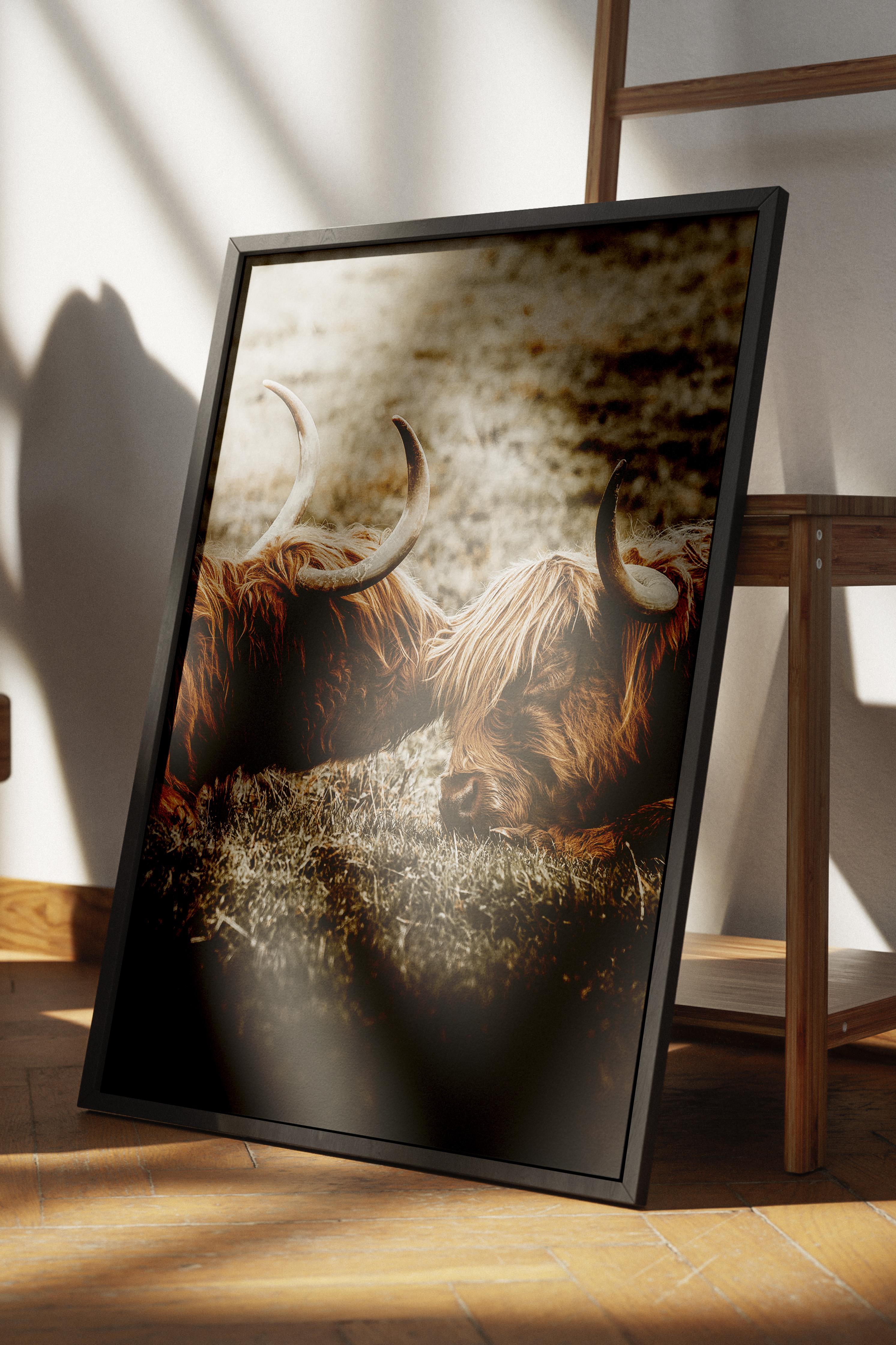 Rustic Çerçevesiz Poster, İskandinav Kahverengi Poster, NO:56 İnek Çifti Fotoğraf, Dikey