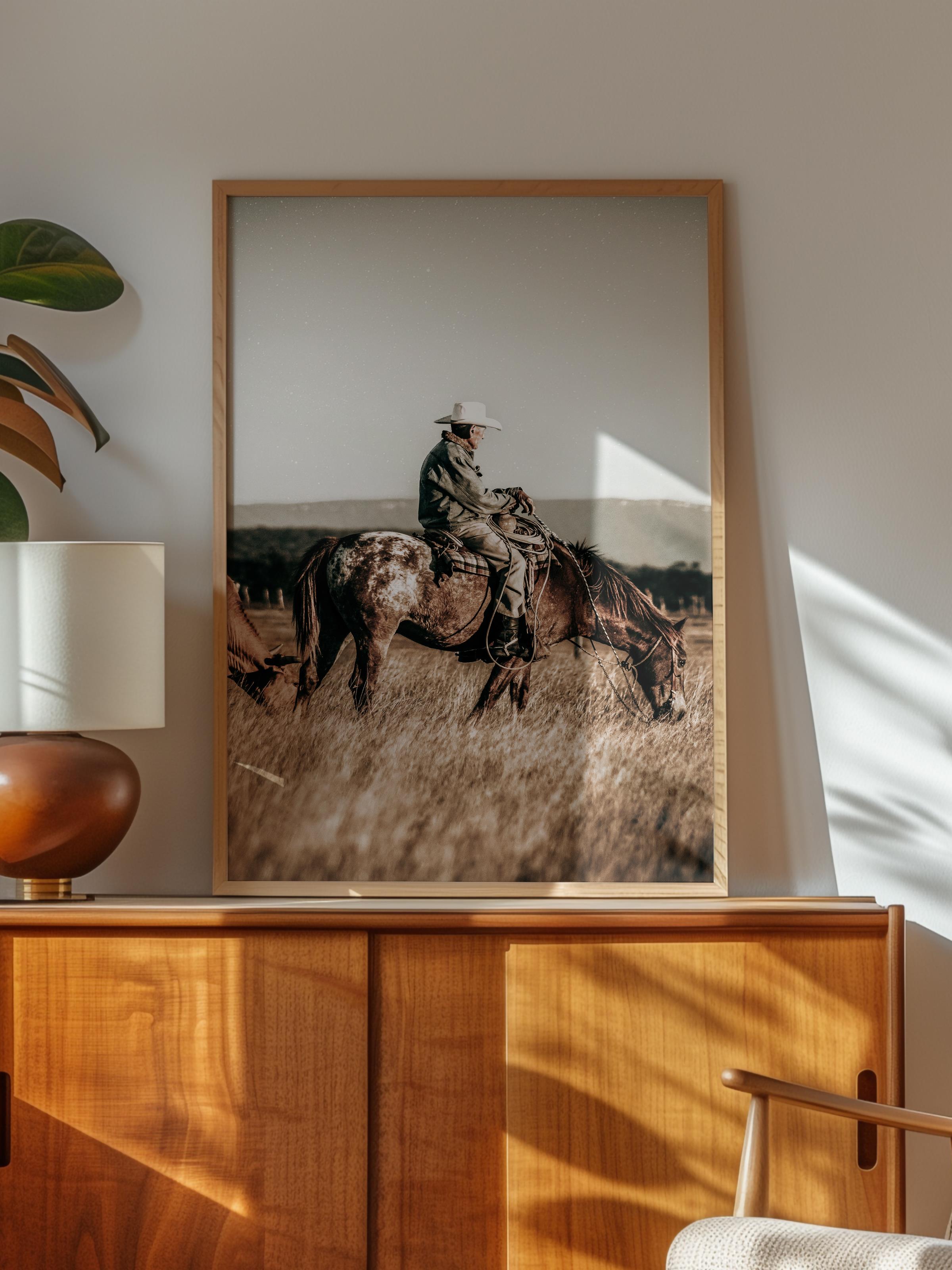 Rustic Çerçevesiz Poster, İskandinav Kahverengi Poster, NO:59 Kovboy ve Atı Fotoğraf, Dikey