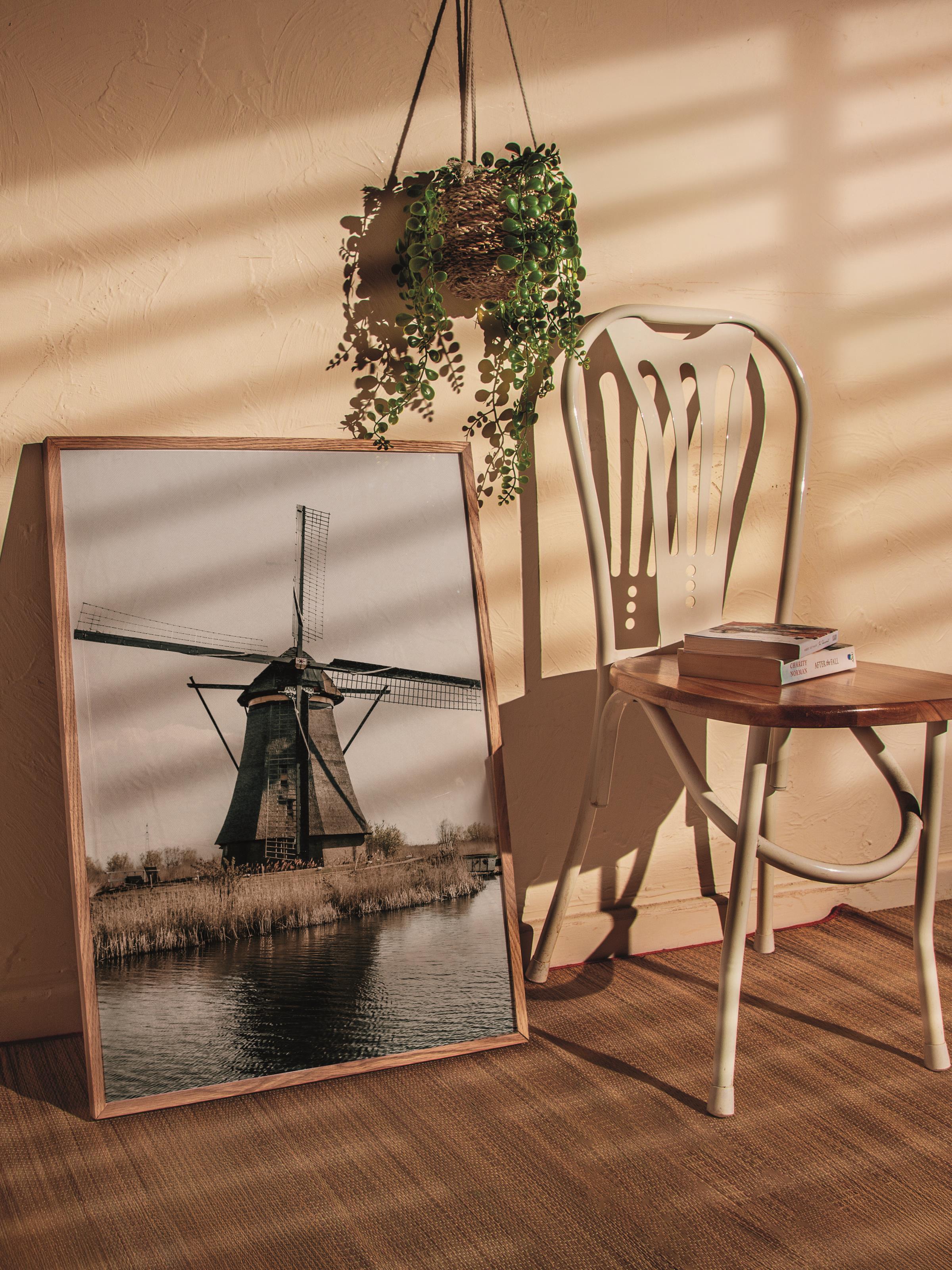 Rustic Çerçevesiz Poster, İskandinav Kahverengi Poster, NO:63 Yel Değirmeni Fotoğraf, Dikey