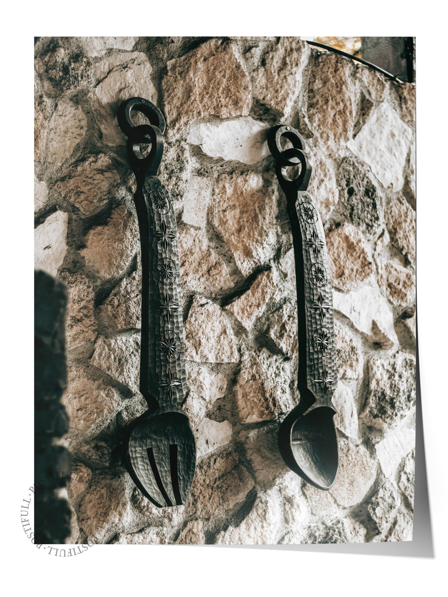 Duvarda Asılı Demir Kaşık ve Çatal Rustic Çerçevesiz Poster