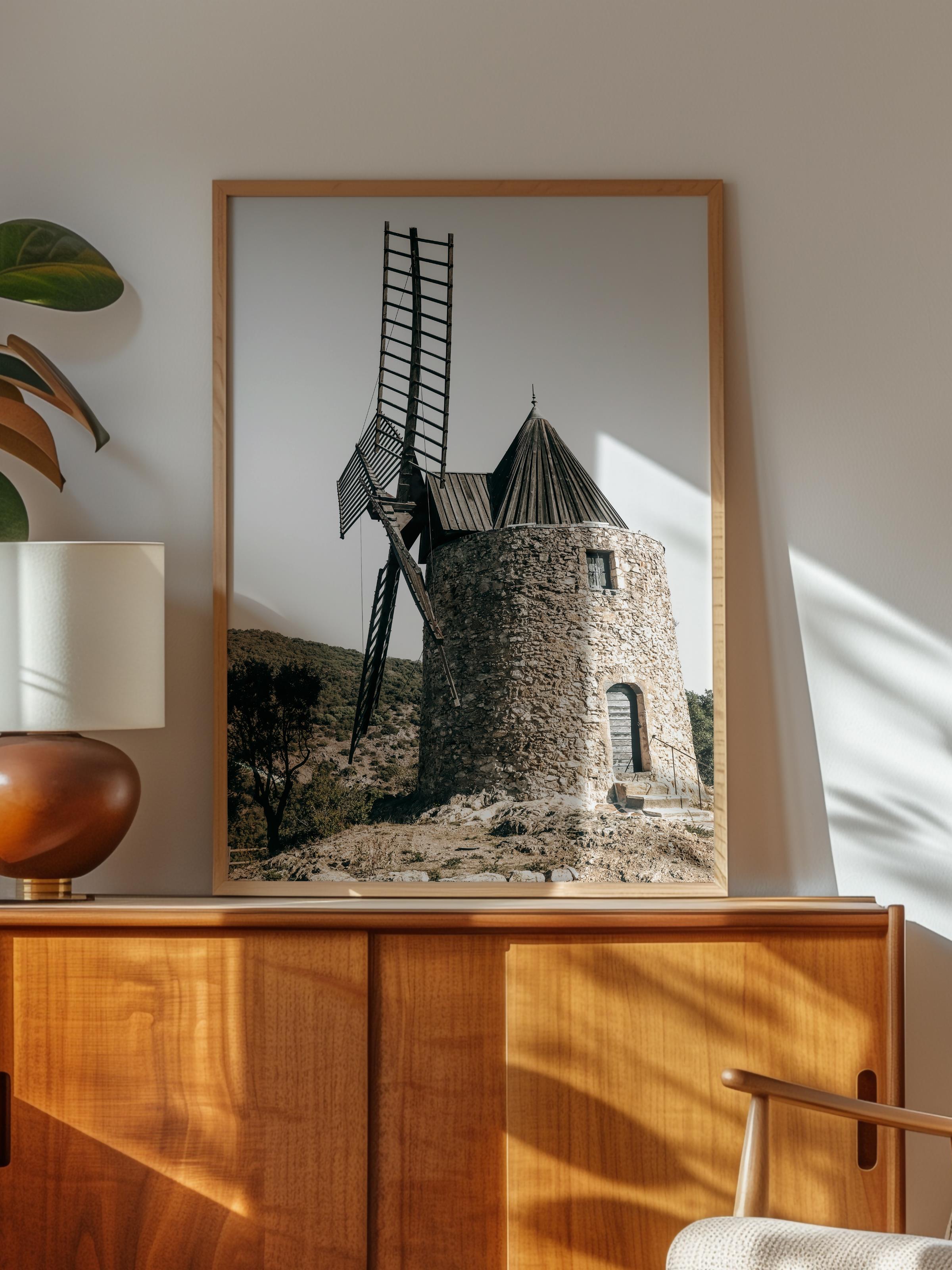 Rustic Çerçevesiz Poster, İskandinav Kahverengi Poster, NO:72 Taş Yel Değirmeni Fotoğraf, Dikey