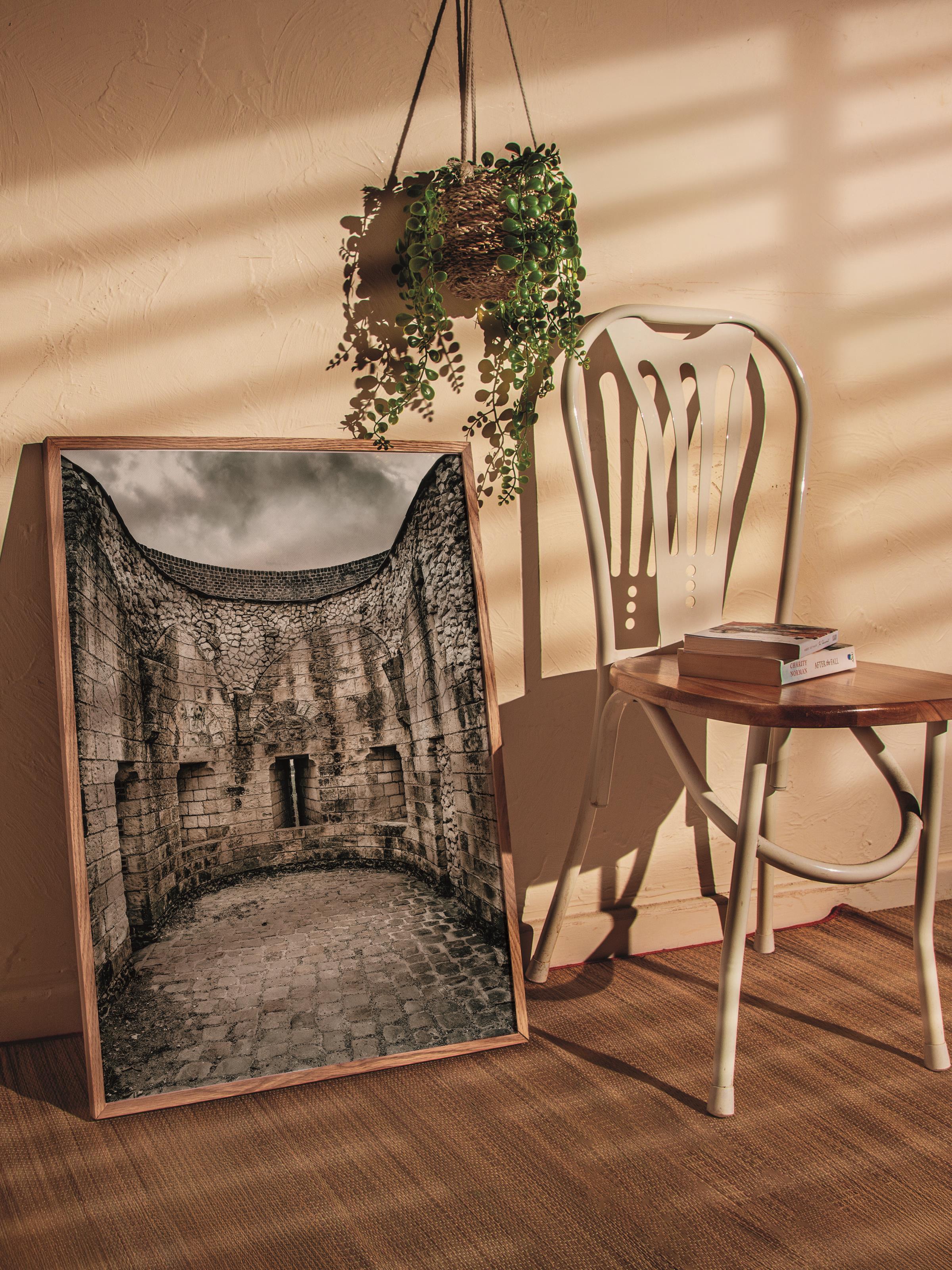 Rustic Çerçevesiz Poster, İskandinav Kahverengi Poster, NO:73 Tarihi Taş Yapı Fotoğraf, Dikey