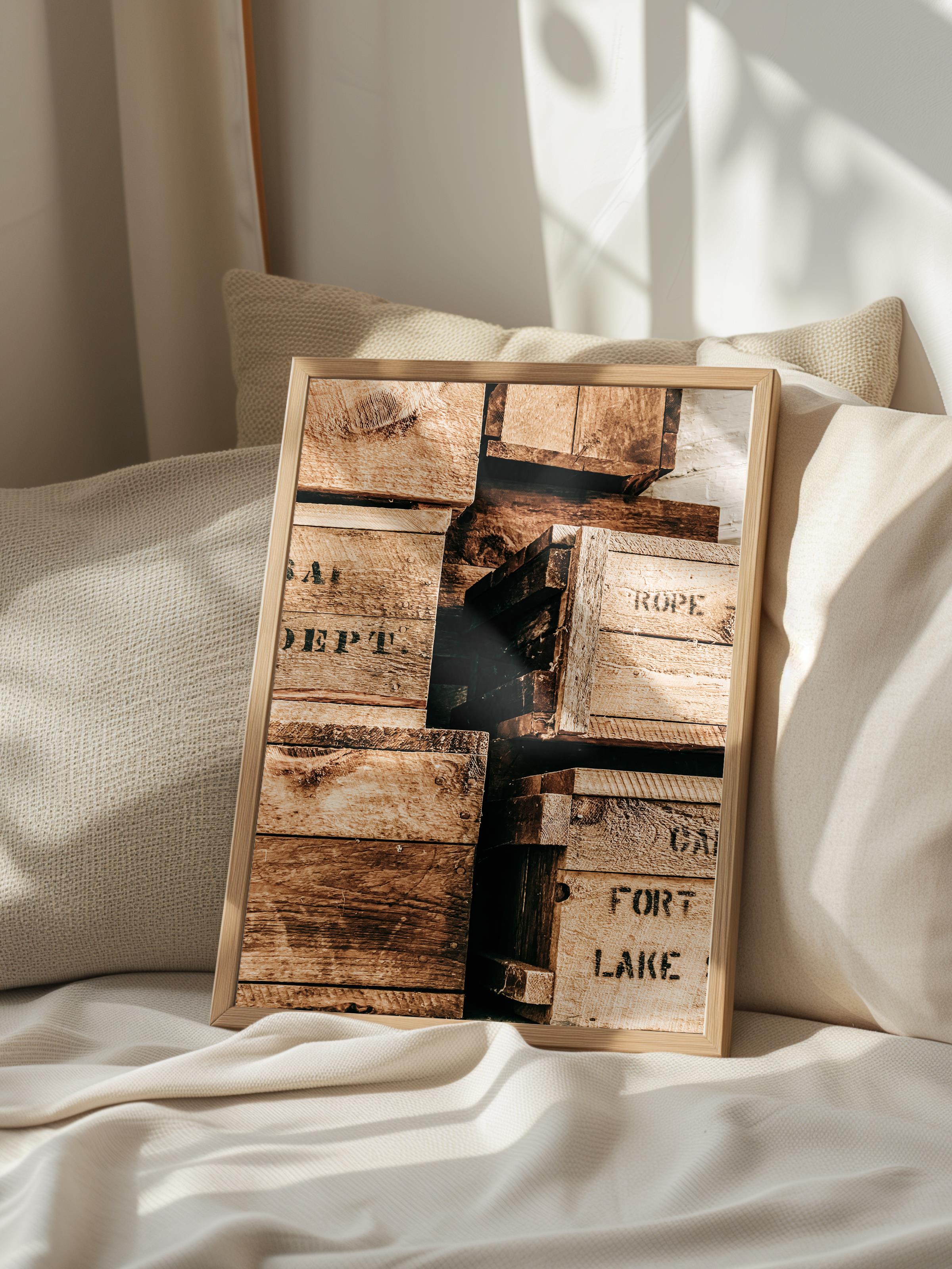 Rustic Çerçevesiz Poster, İskandinav Kahverengi Poster, NO:78 İstiflenmiş Ahşap Sandıklar Fotoğraf
