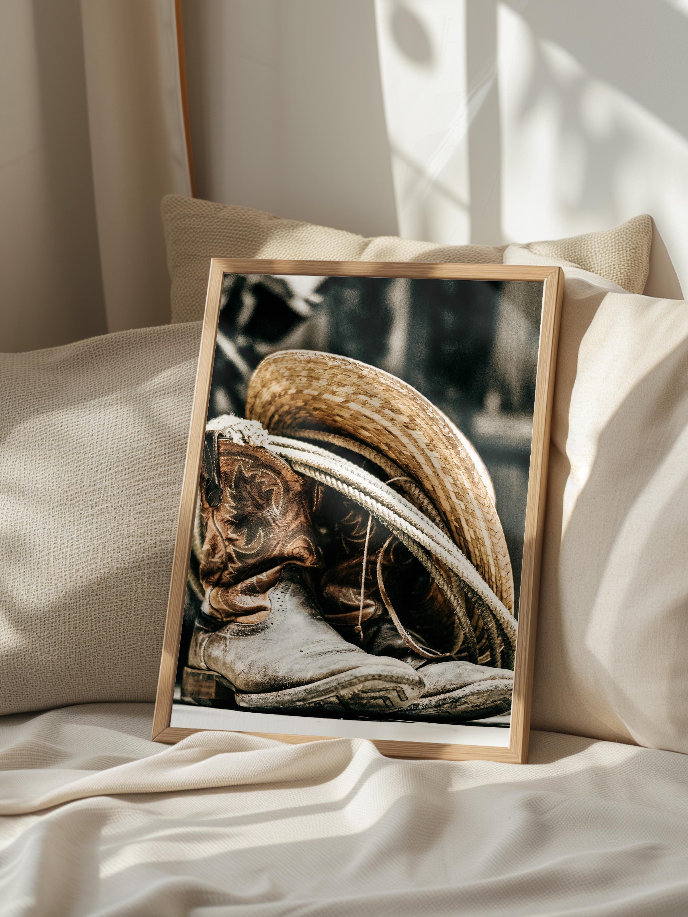 Rustic Çerçevesiz Poster, İskandinav Kahverengi Poster, NO:84 Kovboy Şapkası ve Çizme Fotoğraf, Dikey