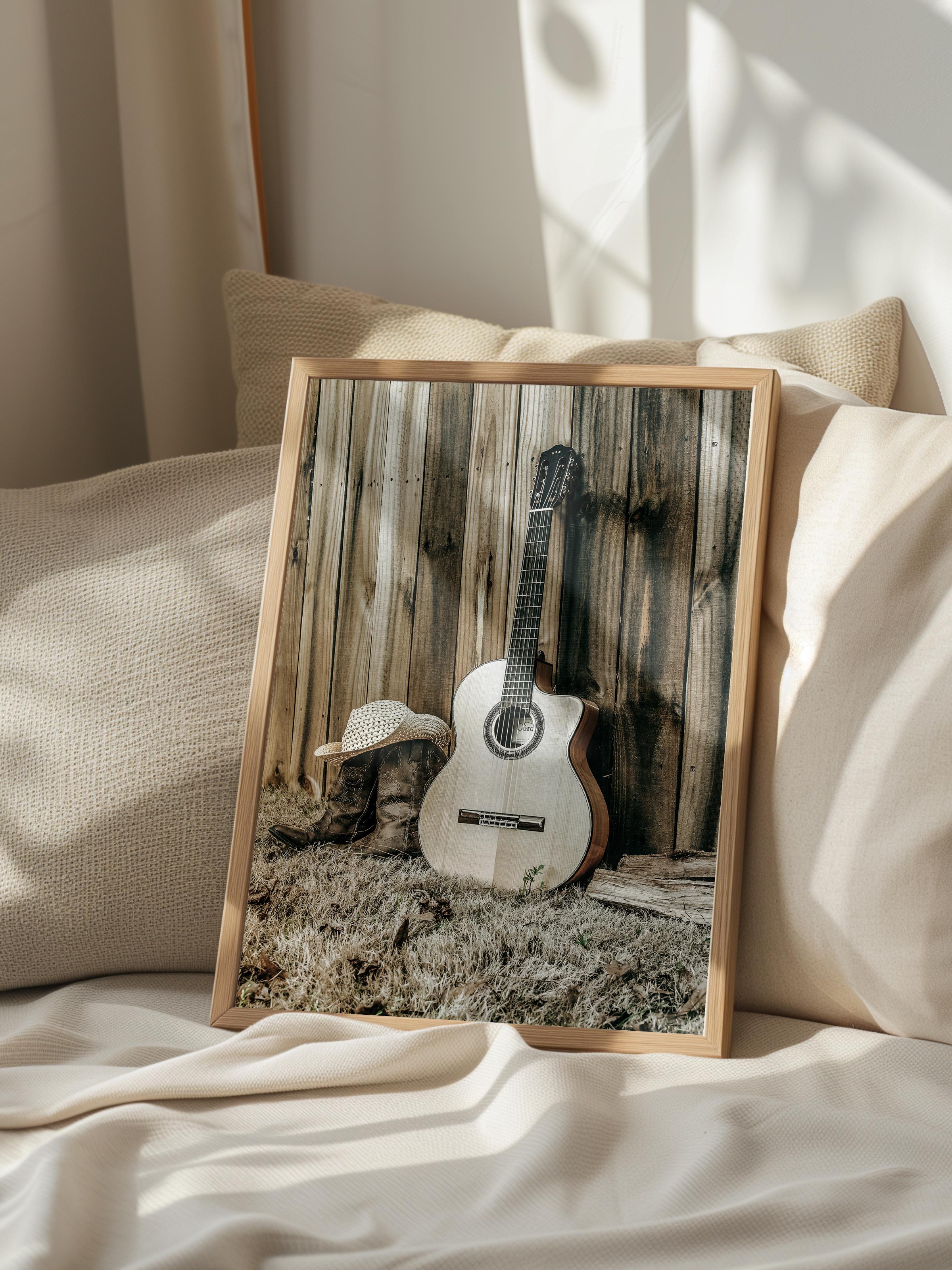 Rustic Çerçevesiz Poster, İskandinav Kahverengi Poster, NO:88 Gitar ve Duvar Fotoğraf, Dikey