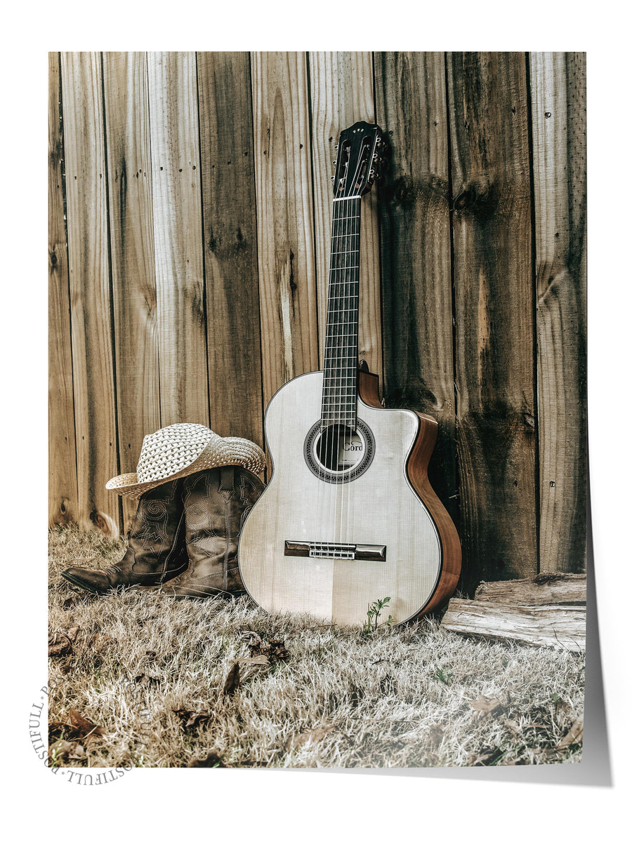 Rustik Gitar ve Kovboy Çizmeleri Rustic Çerçevesiz Poster