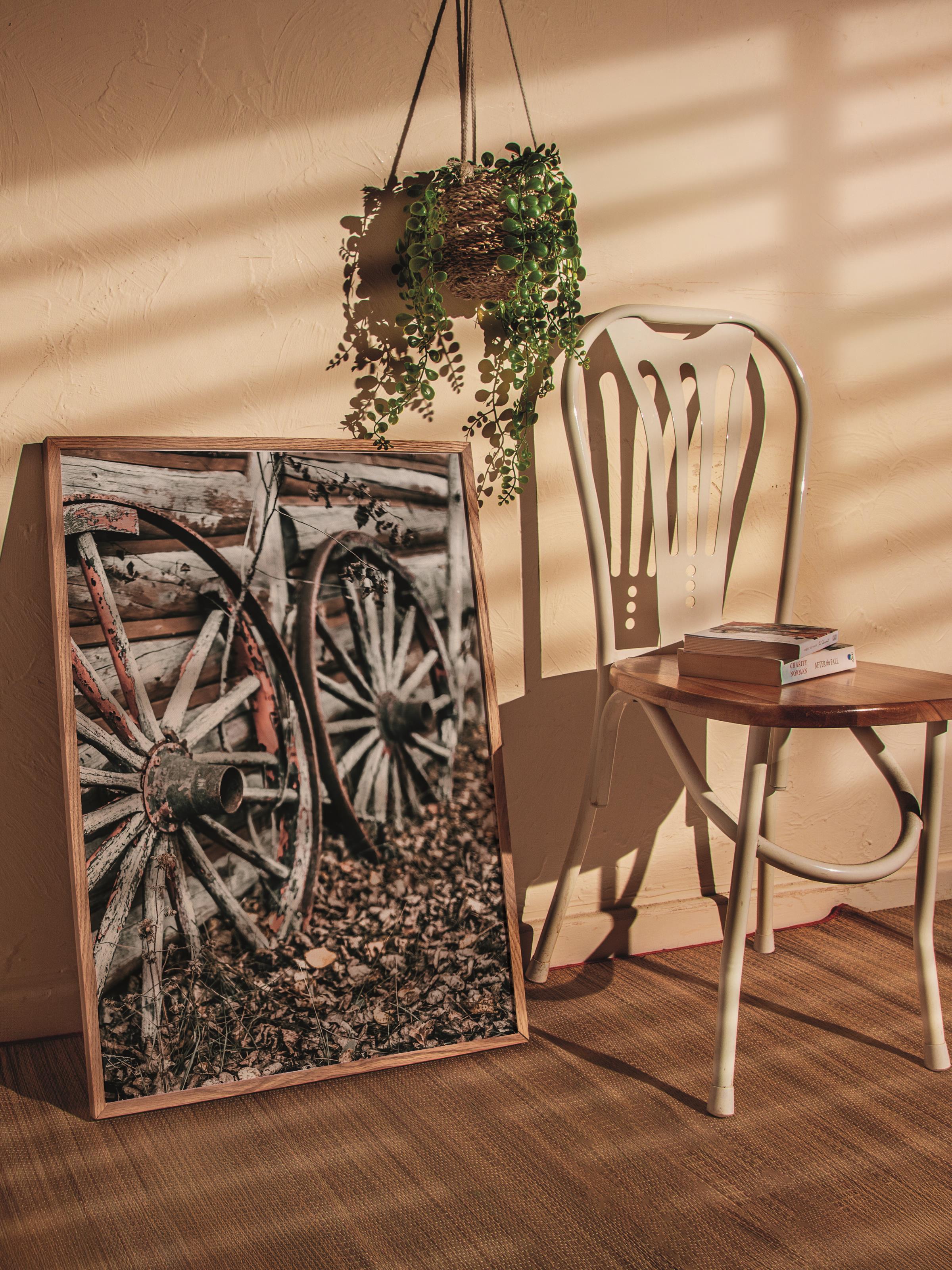 Rustic Çerçevesiz Poster, İskandinav Kahverengi Poster, NO:92 Ahşap Tekerlekler Fotoğraf, Dikey