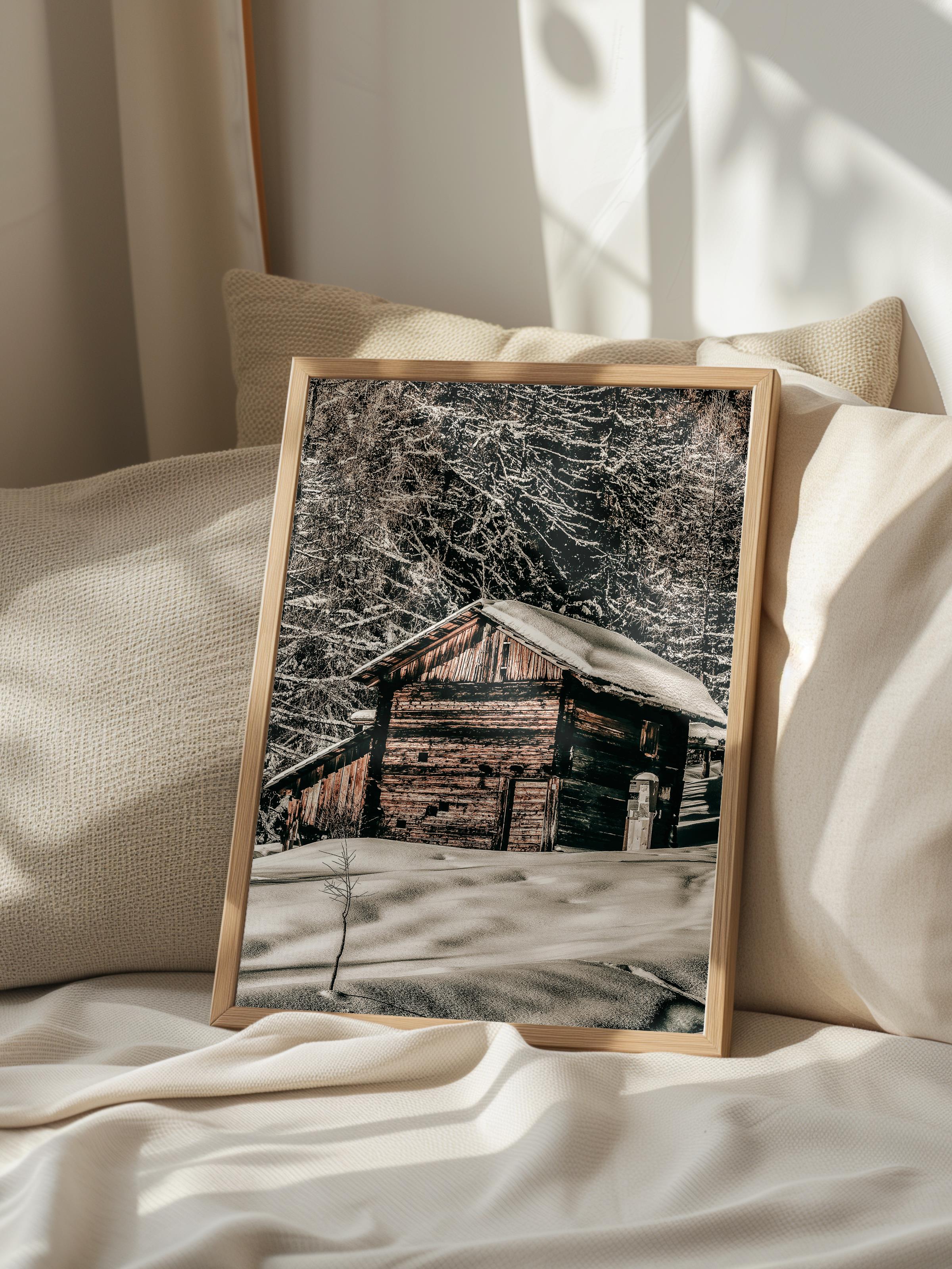 Rustic Çerçevesiz Poster, İskandinav Kahverengi Poster, NO:93 Kış Manzarası Kulübe Fotoğraf, Dikey