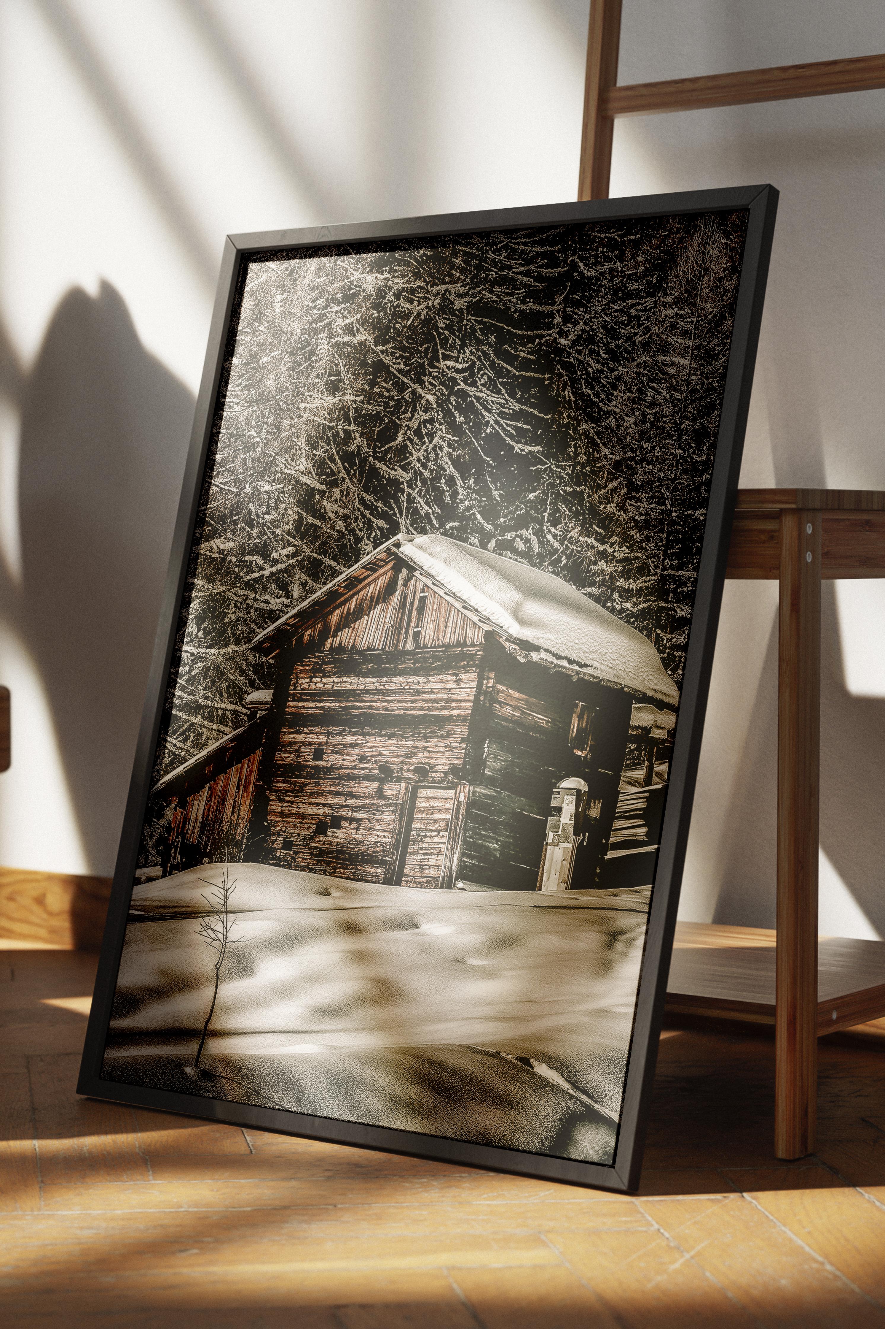 Rustic Çerçevesiz Poster, İskandinav Kahverengi Poster, NO:93 Kış Manzarası Kulübe Fotoğraf, Dikey