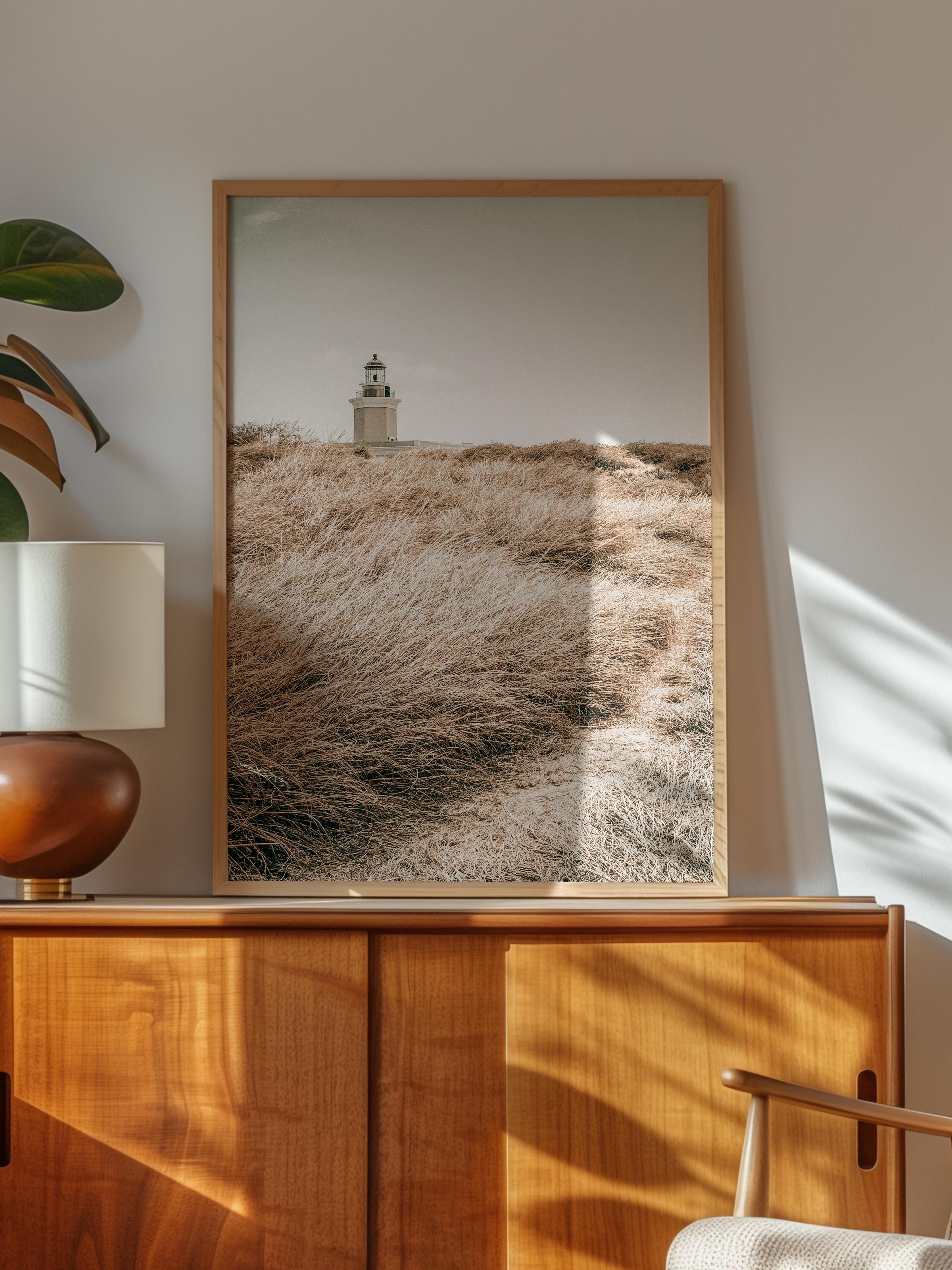 Rustic Çerçevesiz Poster, İskandinav Kahverengi Poster, NO:96 Deniz Feneri ve Çimenler Fotoğraf Dikey