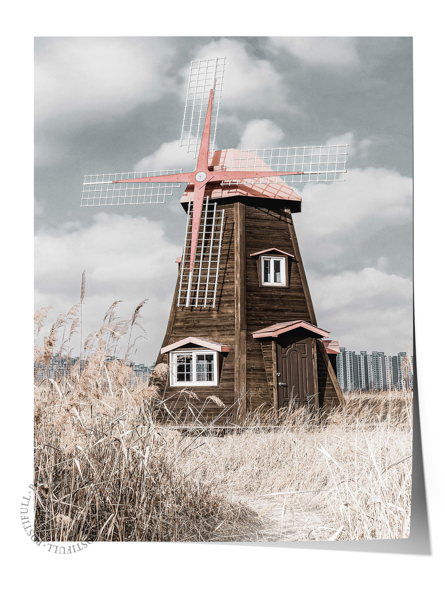 Yel Değirmeni ve Şehir Manzarası Rustic Çerçevesiz Poster