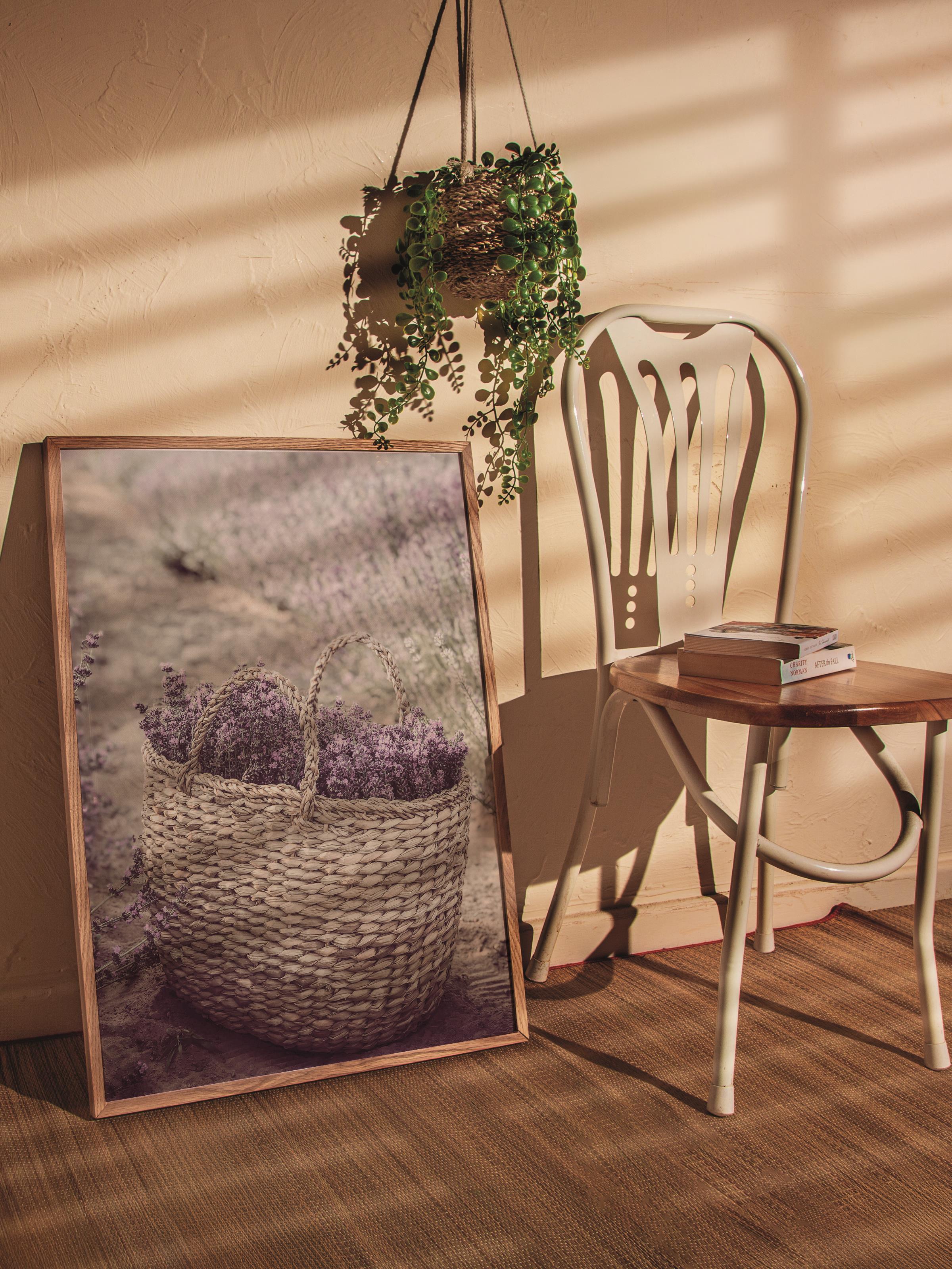 Rustic Çerçevesiz Poster, İskandinav Mor Poster, NO:317 Lavanta Sepeti Fotoğraf, Dikey