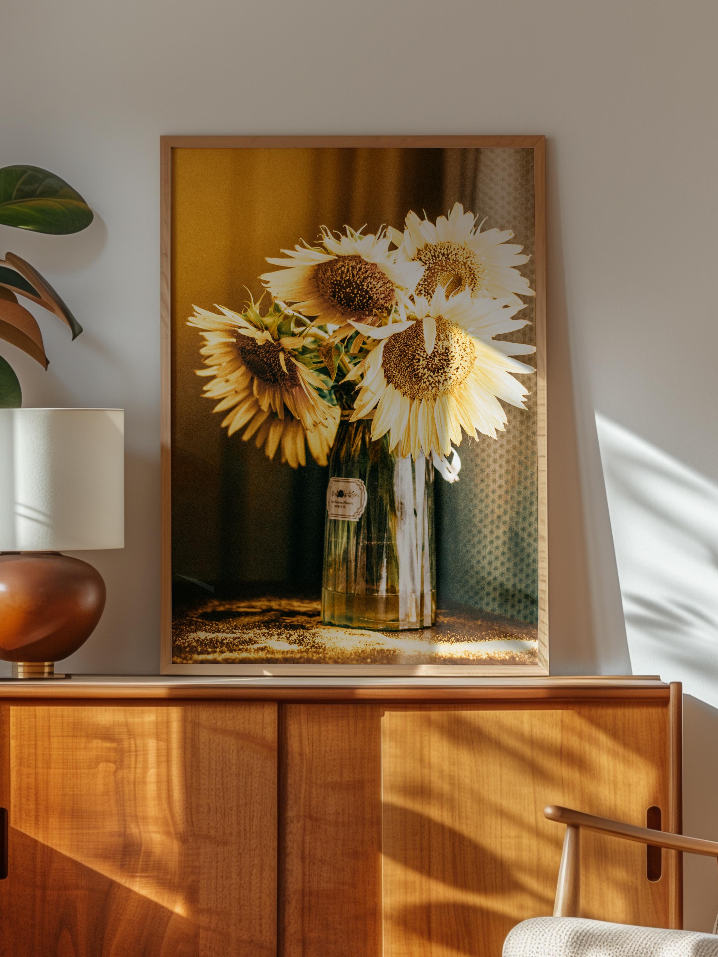 Rustic Çerçevesiz Poster, İskandinav Sarı Poster, NO:453 Vazo İçinde Ayçiçekleri Fotoğraf
