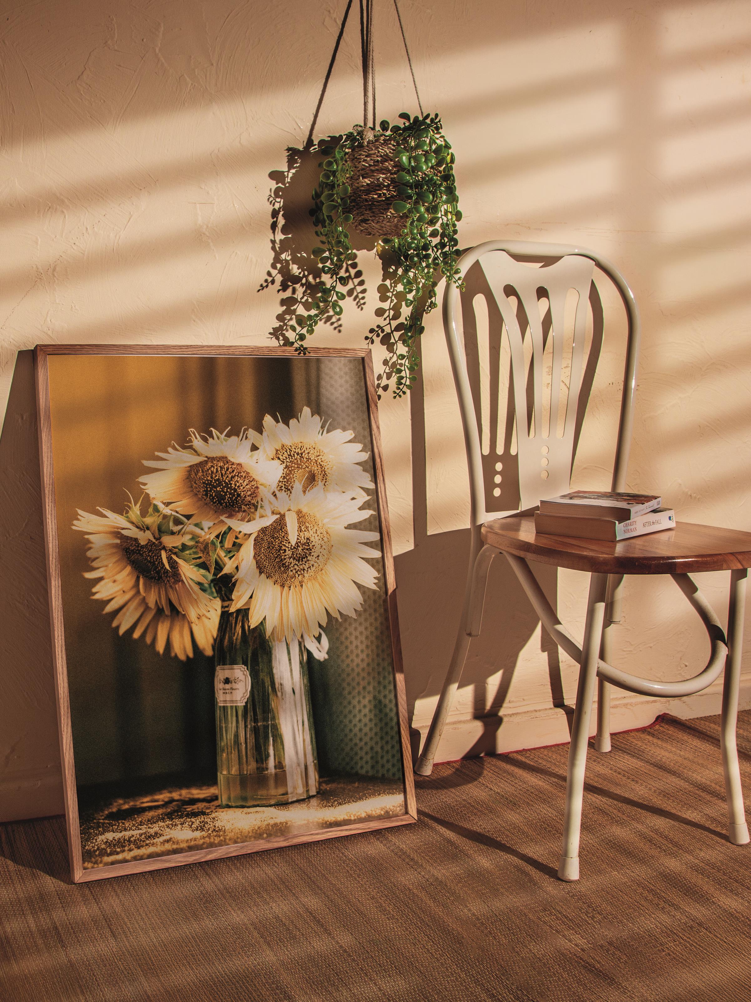 Rustic Çerçevesiz Poster, İskandinav Sarı Poster, NO:453 Vazo İçinde Ayçiçekleri Fotoğraf