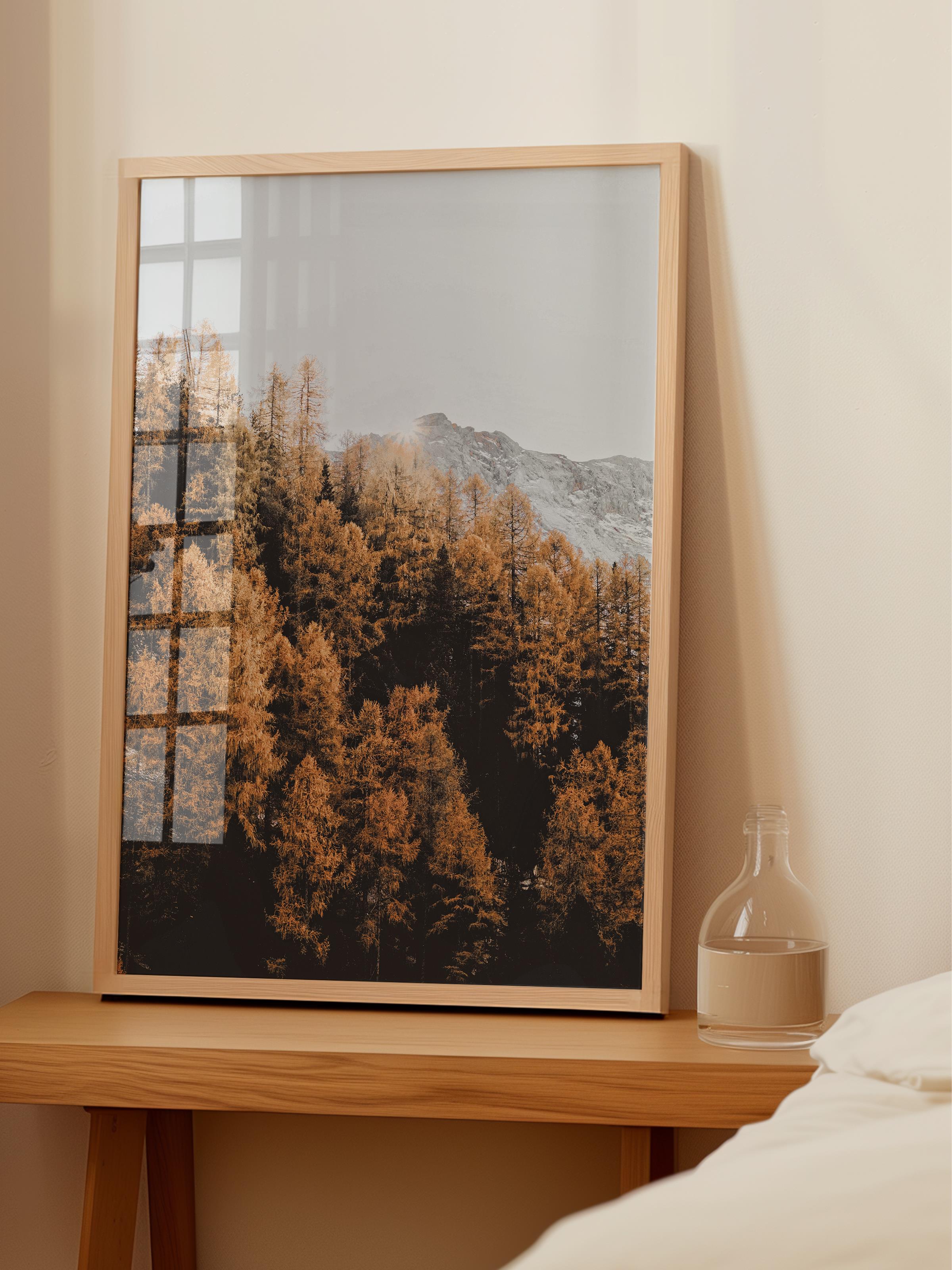 Rustic Çerçevesiz Poster, İskandinav Turuncu Poster, NO:6 Sonbahar Ormanı ve Dağ Fotoğraf, Dikey