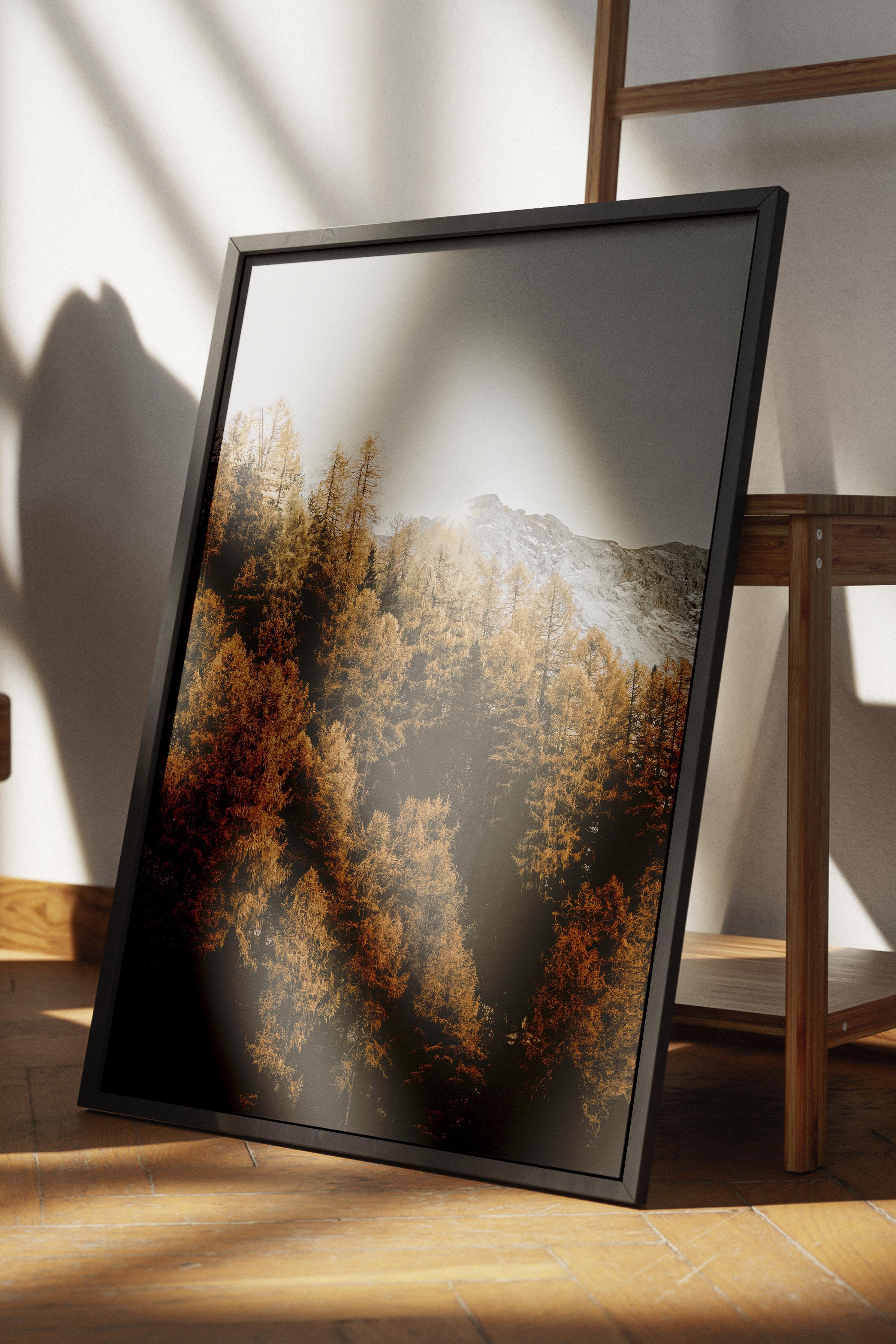 Rustic Çerçevesiz Poster, İskandinav Turuncu Poster, NO:6 Sonbahar Ormanı ve Dağ Fotoğraf, Dikey