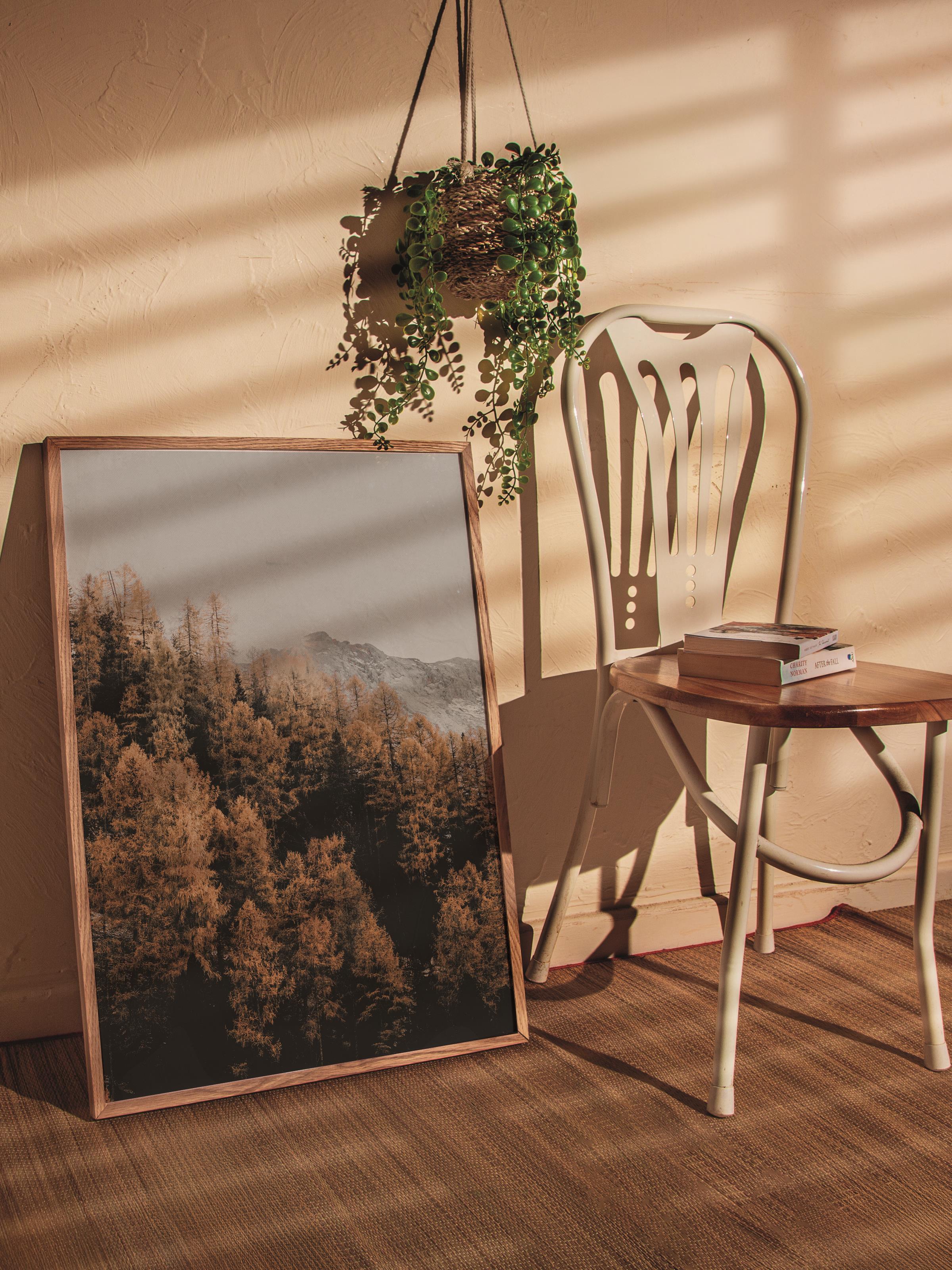 Rustic Çerçevesiz Poster, İskandinav Turuncu Poster, NO:6 Sonbahar Ormanı ve Dağ Fotoğraf, Dikey