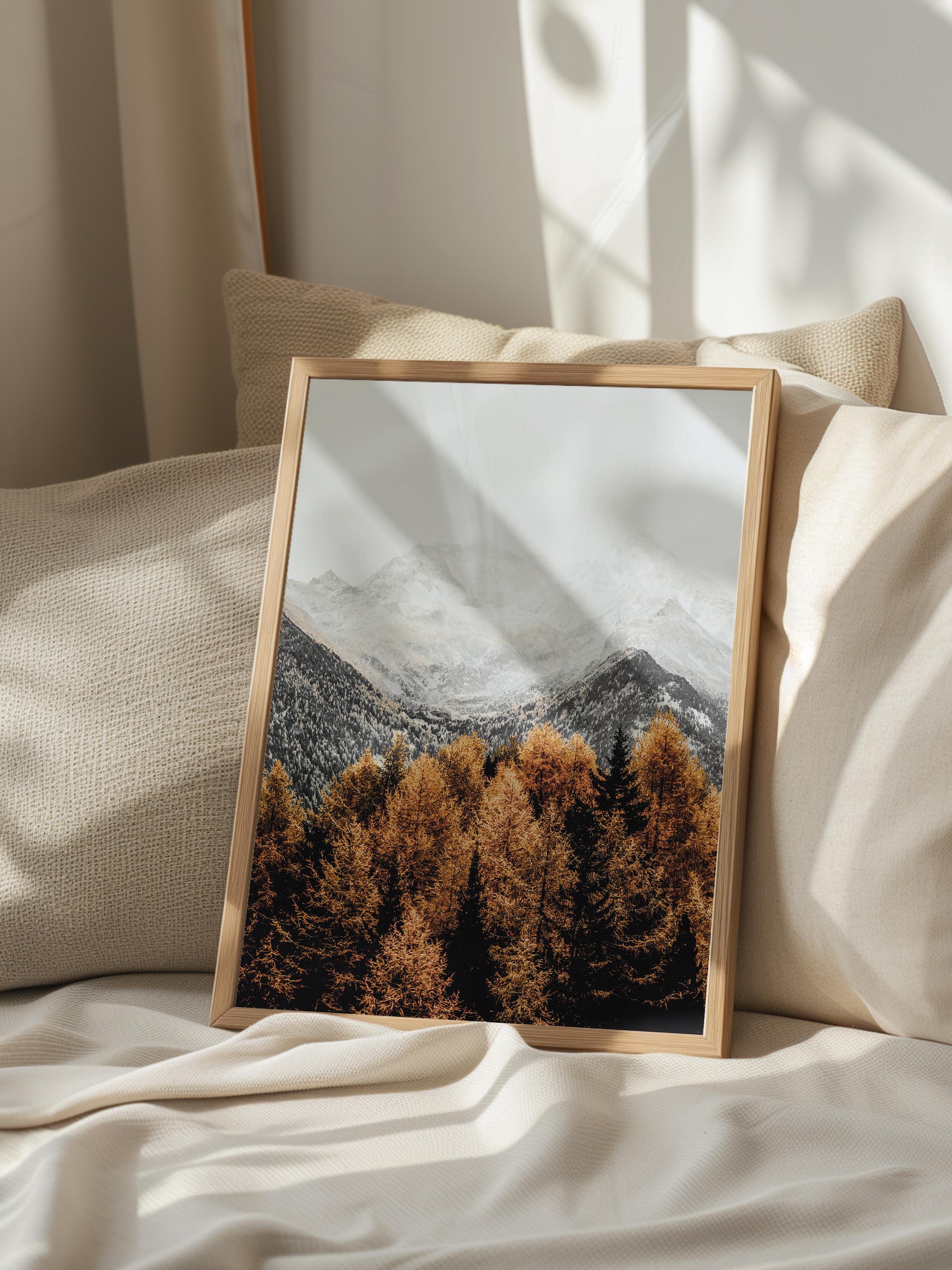 Rustic Çerçevesiz Poster, İskandinav Turuncu Poster, NO:8 Sonbahar Ormanı ve Dağlar Fotoğraf, Dikey