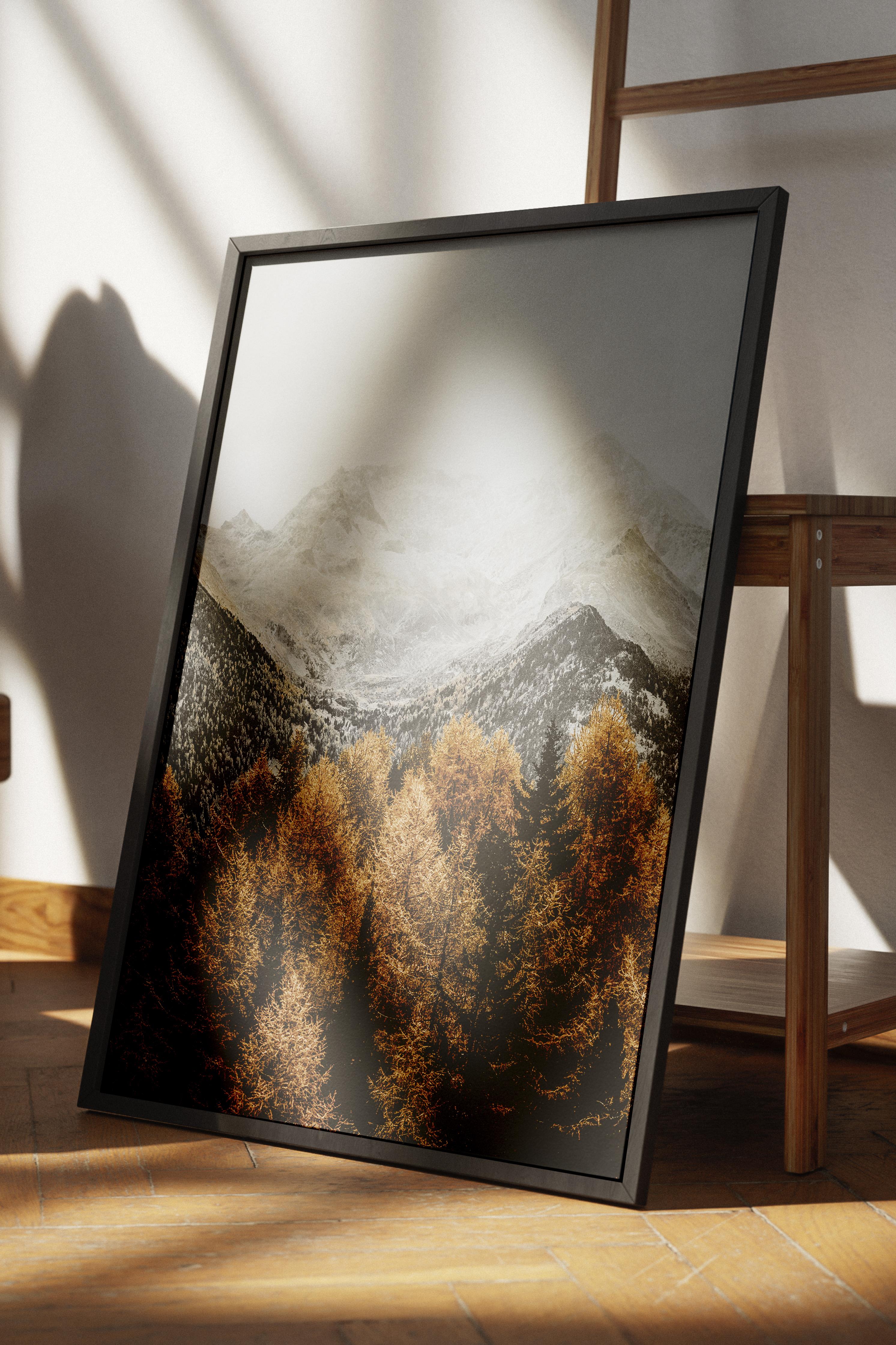 Rustic Çerçevesiz Poster, İskandinav Turuncu Poster, NO:8 Sonbahar Ormanı ve Dağlar Fotoğraf, Dikey