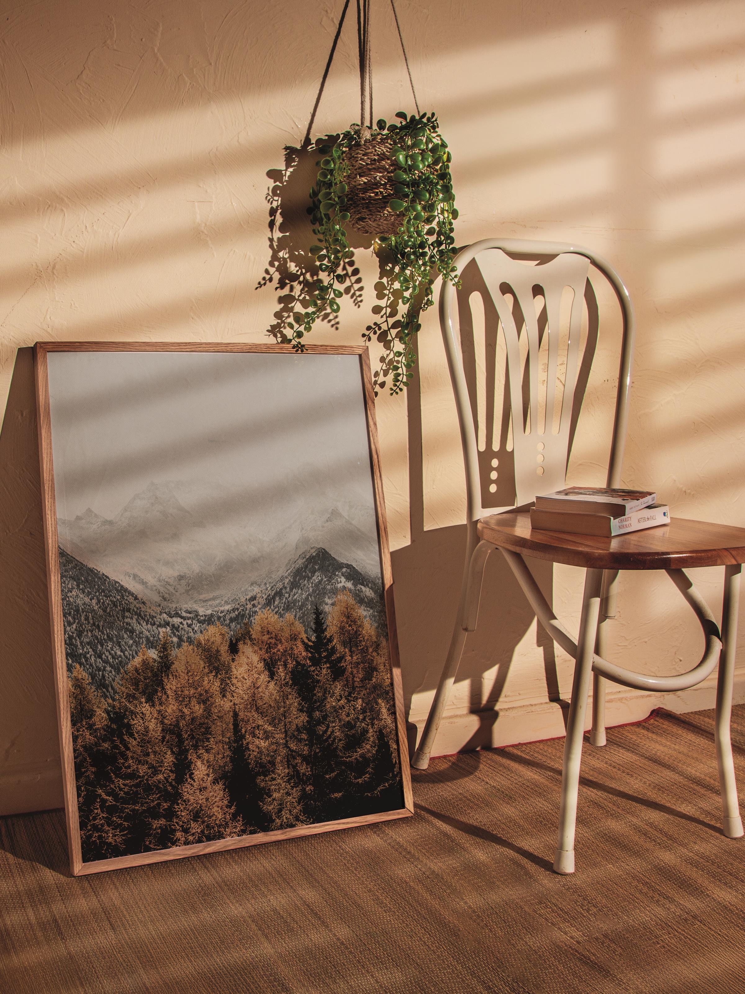Rustic Çerçevesiz Poster, İskandinav Turuncu Poster, NO:8 Sonbahar Ormanı ve Dağlar Fotoğraf, Dikey